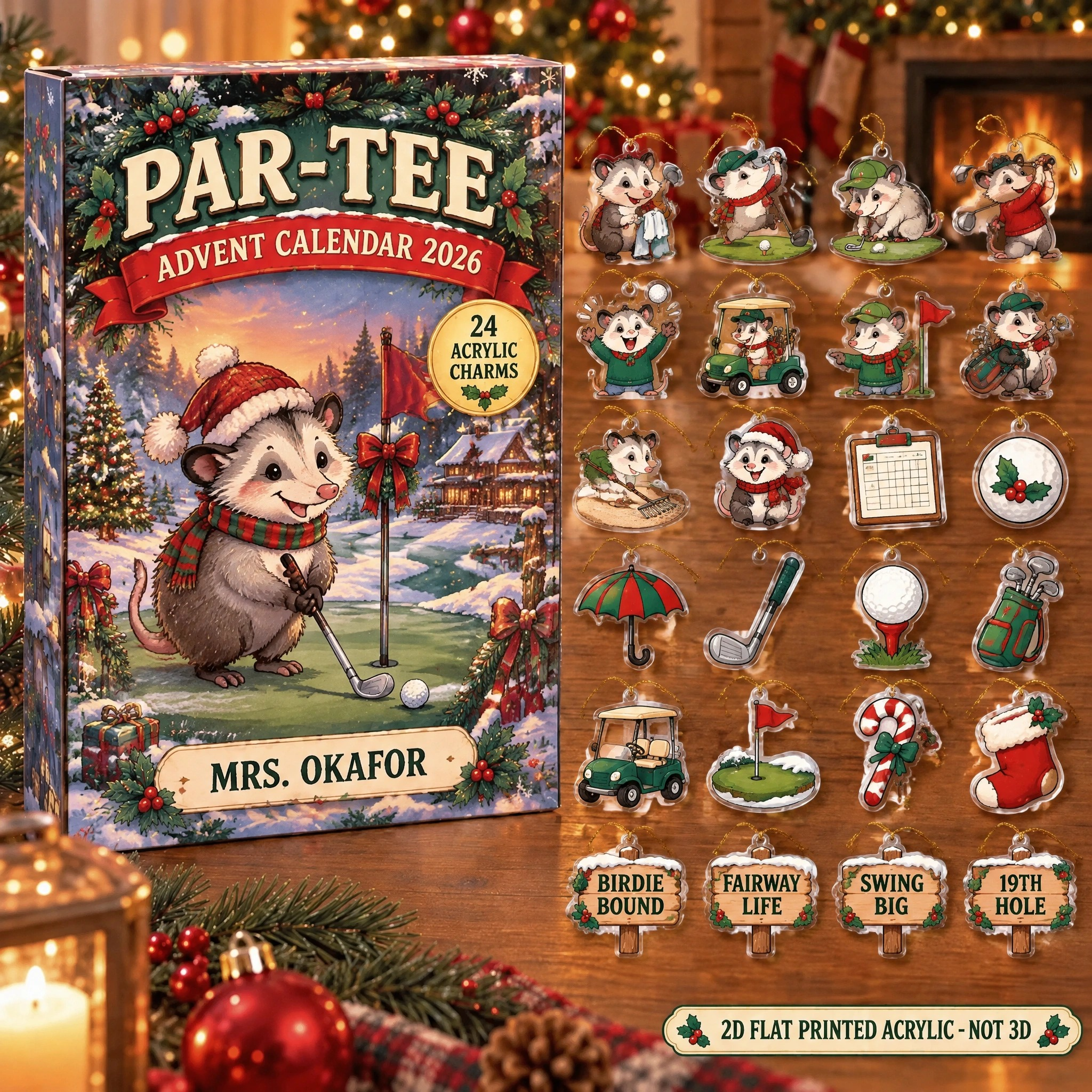 Personalized Golf Opossum advent calendar box with 24 flat acrylic Christmas charms
