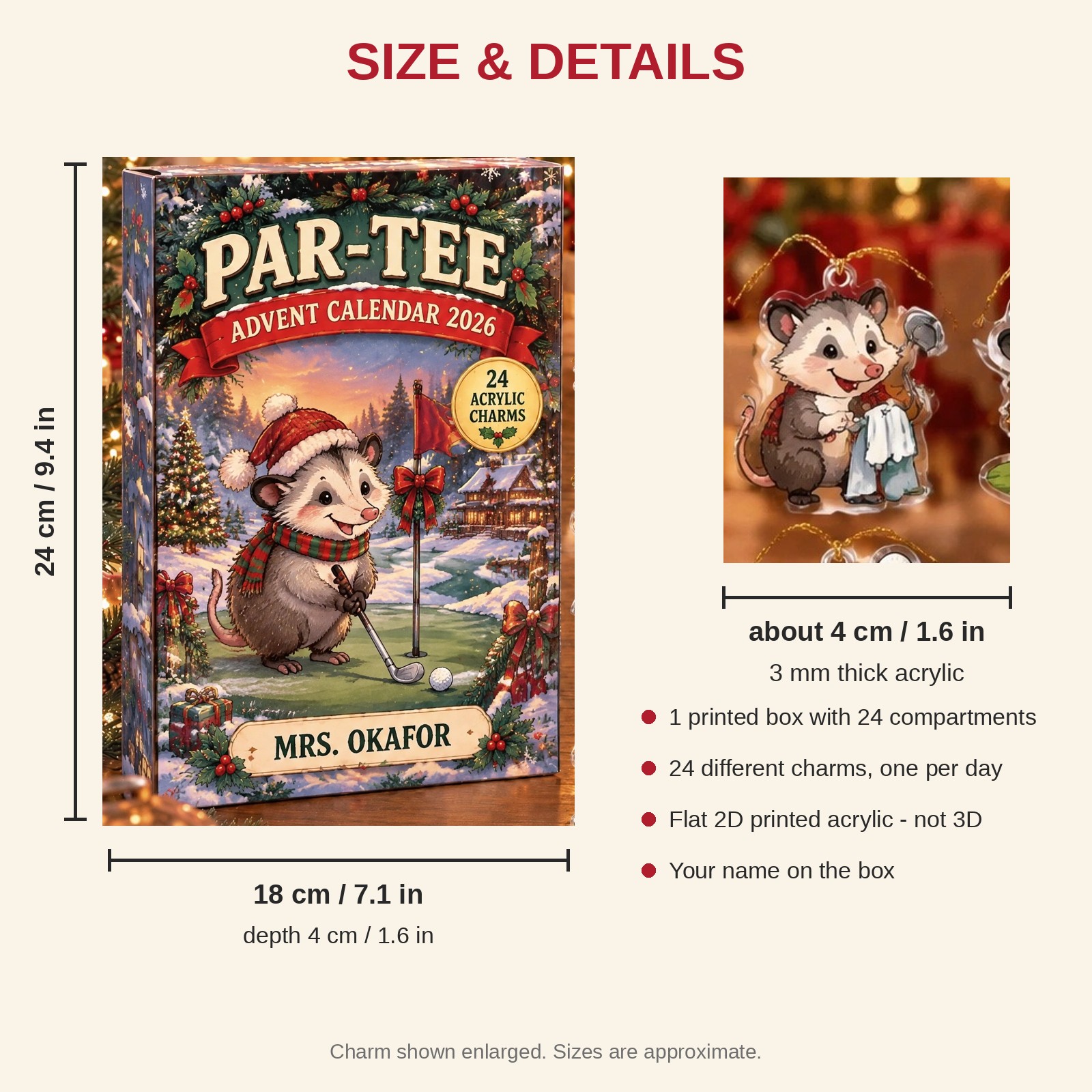 Personalized Golf Opossum advent calendar box with 24 flat acrylic Christmas charms: box and charm sizes