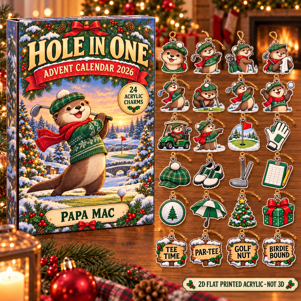 Personalized Golf Otter advent calendar box with 24 flat acrylic Christmas charms