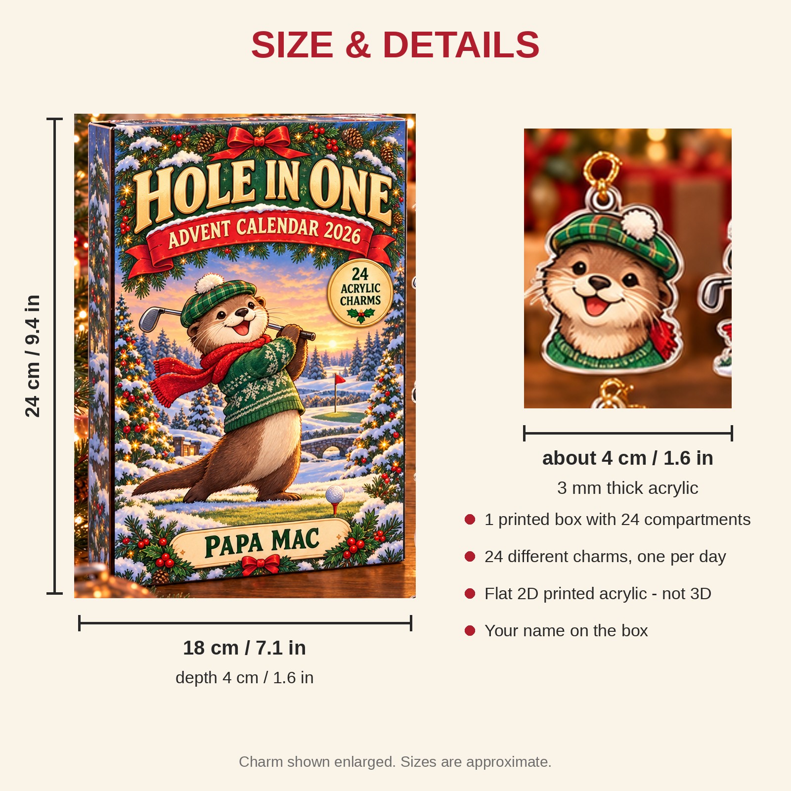 Personalized Golf Otter advent calendar box with 24 flat acrylic Christmas charms: box and charm sizes
