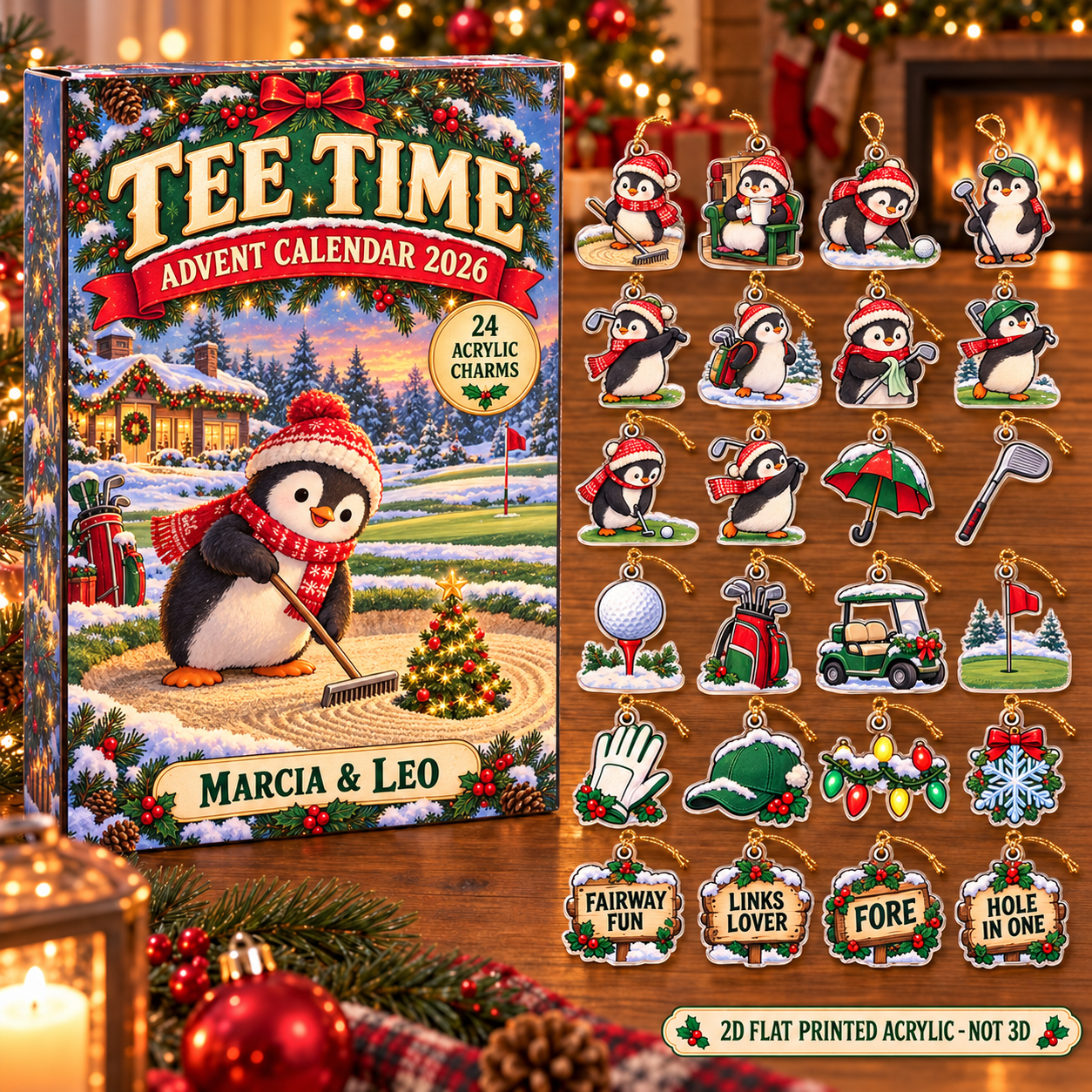 Personalized Golf Penguin advent calendar box with 24 flat acrylic Christmas charms
