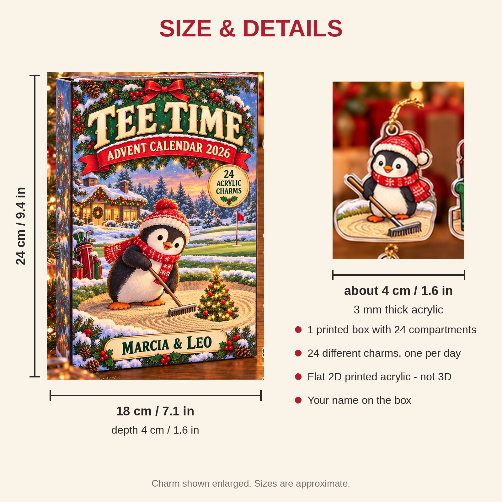 Personalized Golf Penguin advent calendar box with 24 flat acrylic Christmas charms: box and charm sizes