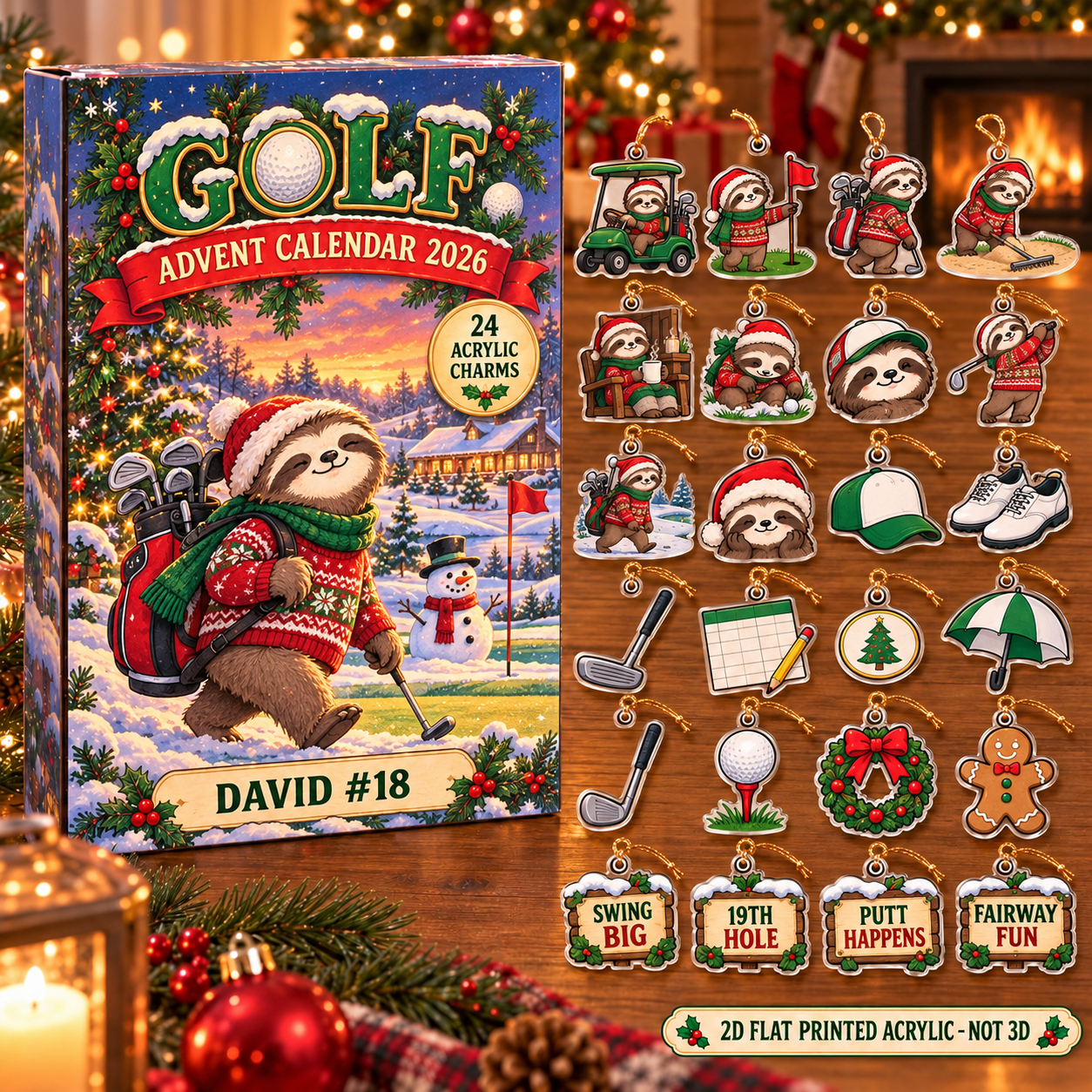 Personalized Golf Sloth advent calendar box with 24 flat acrylic Christmas charms
