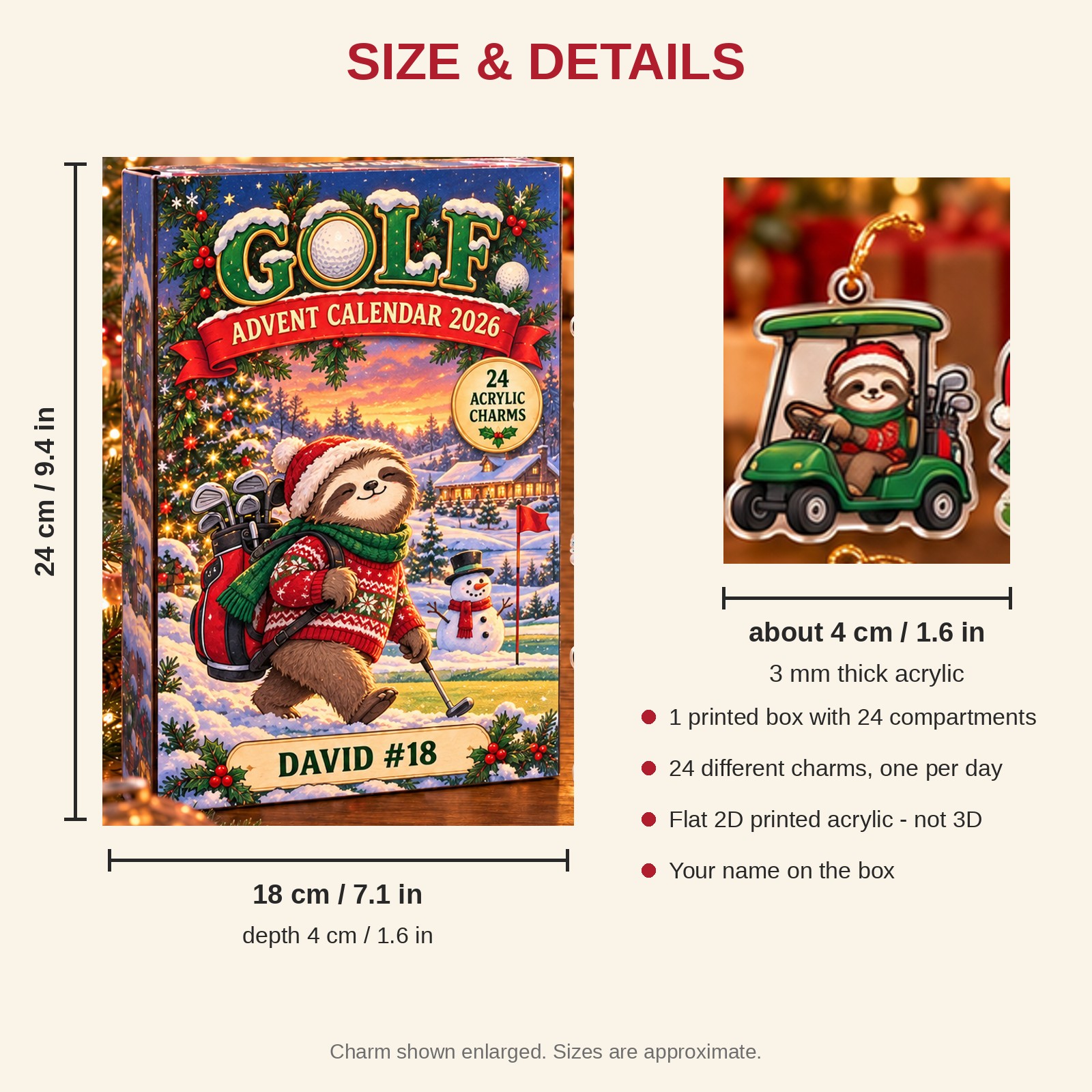 Personalized Golf Sloth advent calendar box with 24 flat acrylic Christmas charms: box and charm sizes