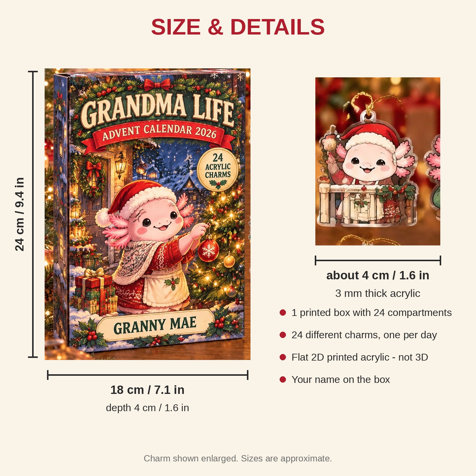 Personalized Grandma Axolotl advent calendar box with 24 flat acrylic Christmas charms: box and charm sizes