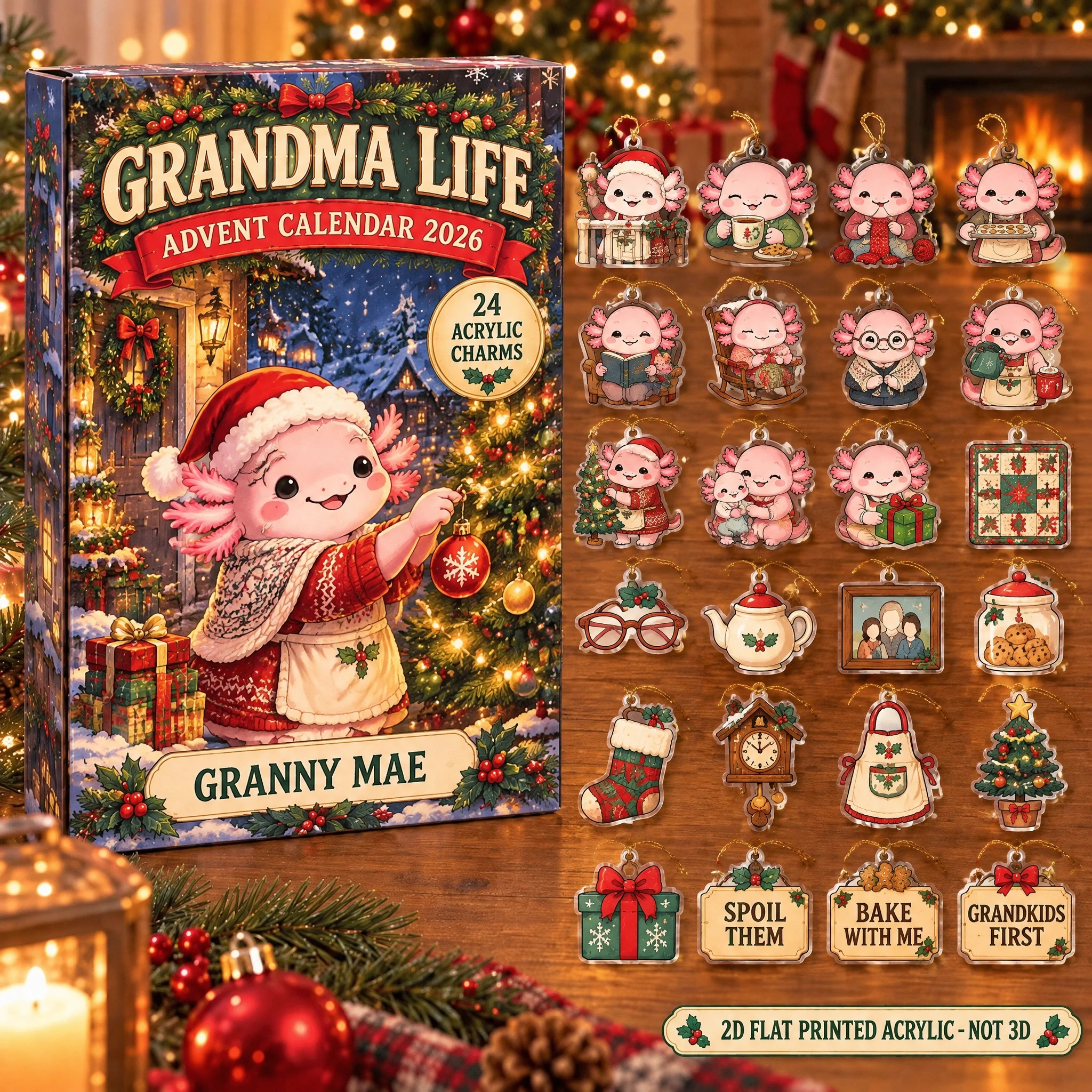 Personalized Grandma Axolotl advent calendar box with 24 flat acrylic Christmas charms