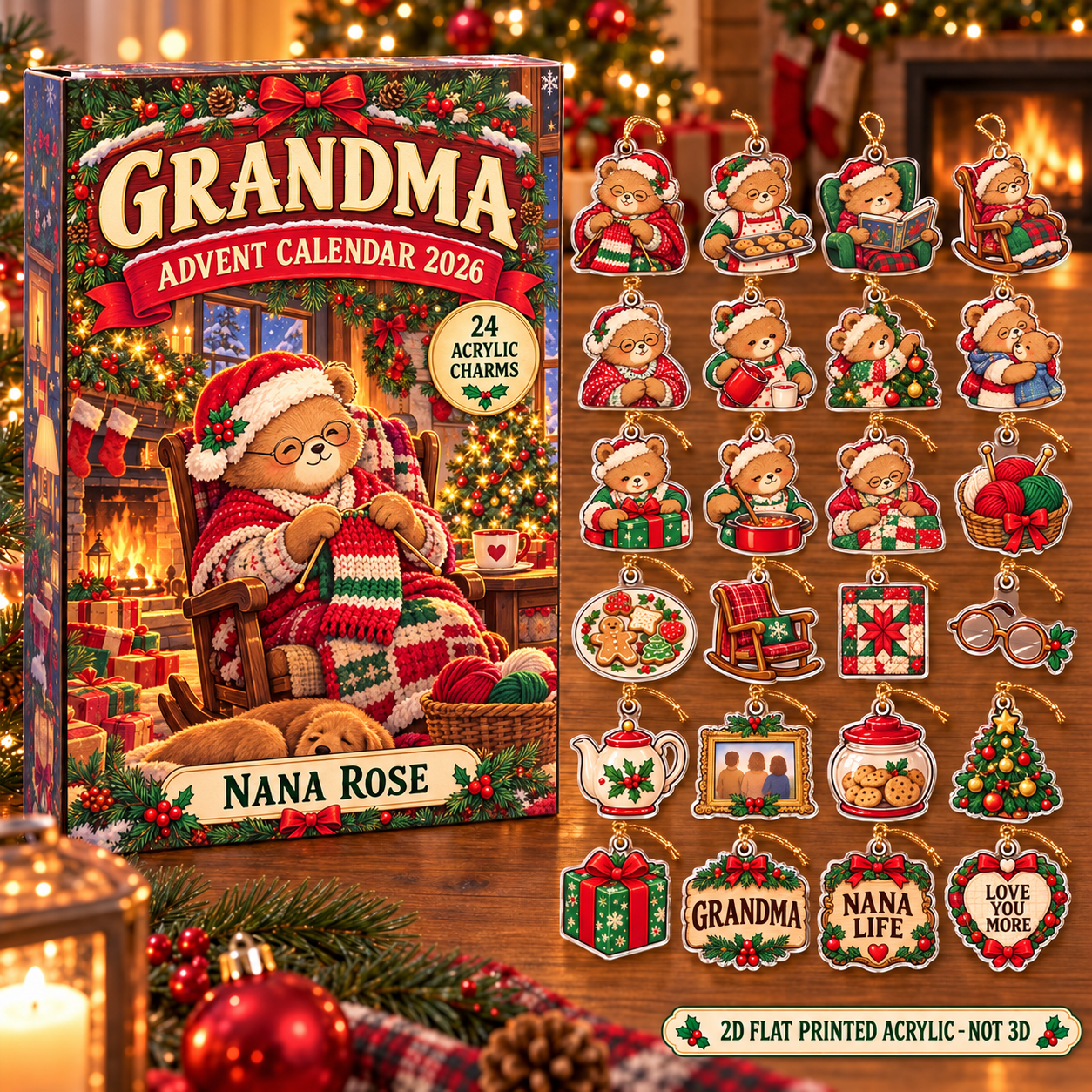 Personalized Grandma Bear advent calendar box with 24 flat acrylic Christmas charms
