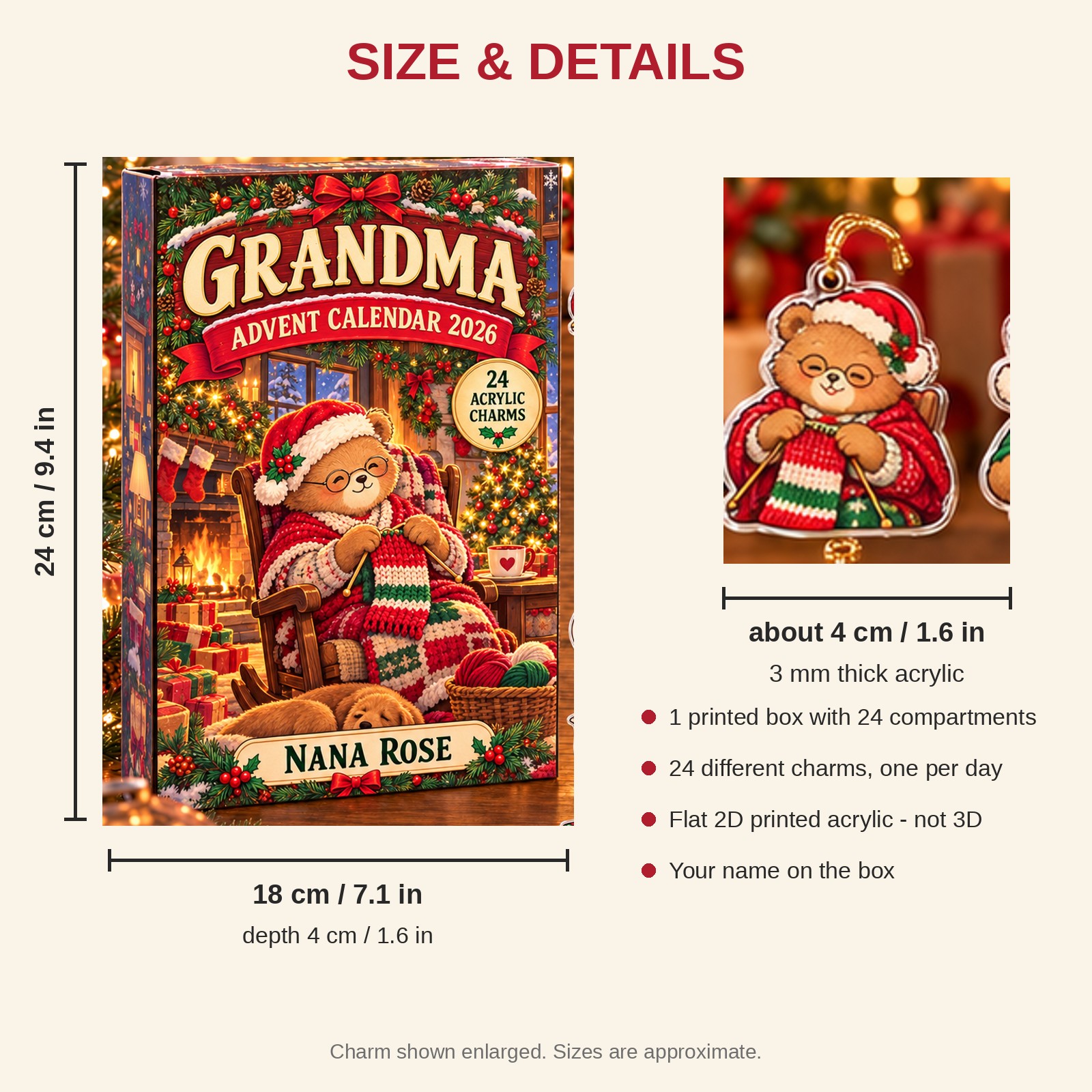 Personalized Grandma Bear advent calendar box with 24 flat acrylic Christmas charms: box and charm sizes