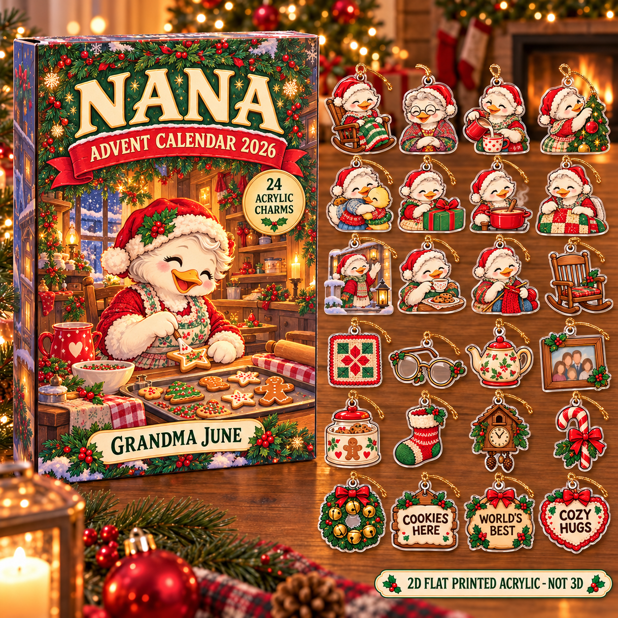Personalized Grandma Duck advent calendar box with 24 flat acrylic Christmas charms