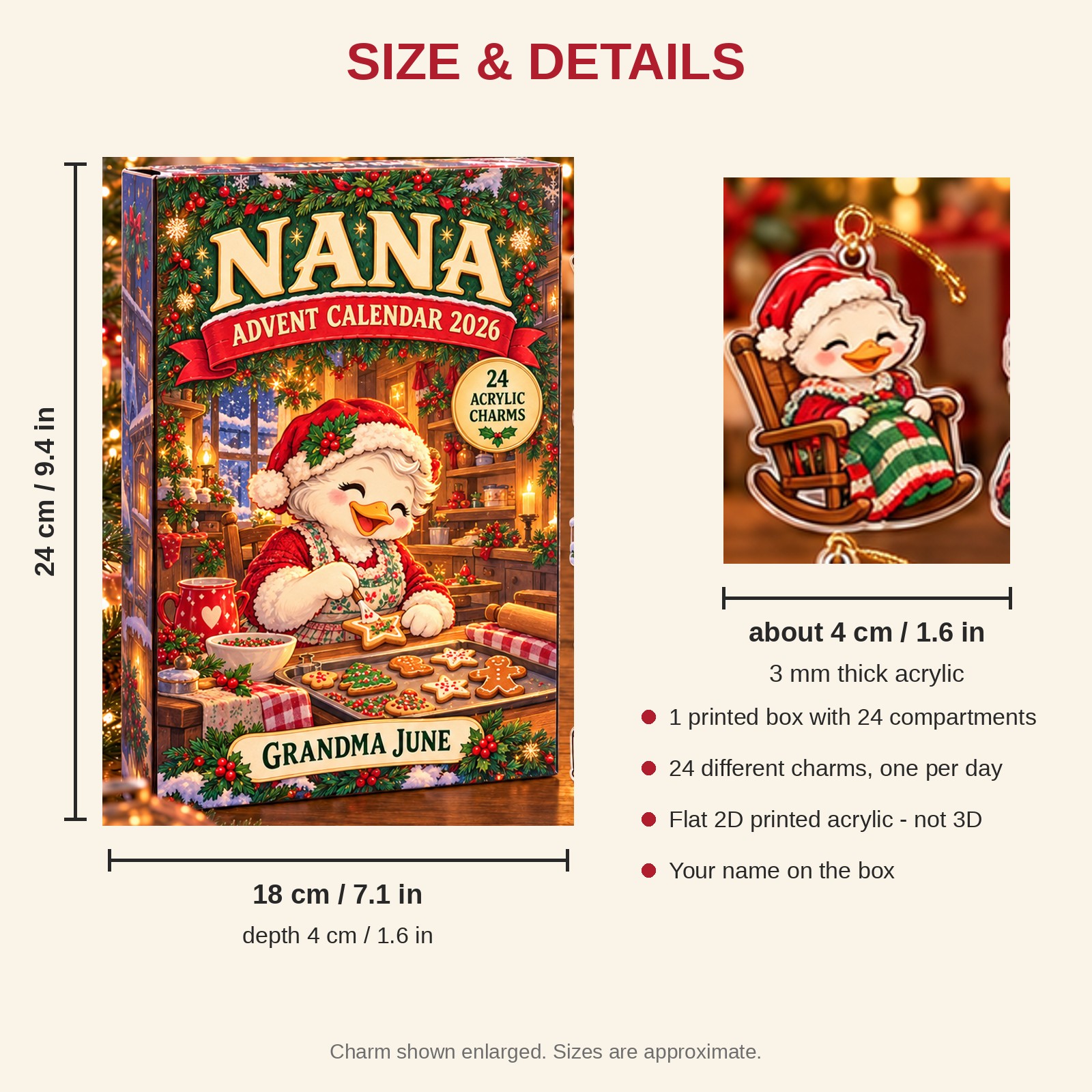 Personalized Grandma Duck advent calendar box with 24 flat acrylic Christmas charms: box and charm sizes
