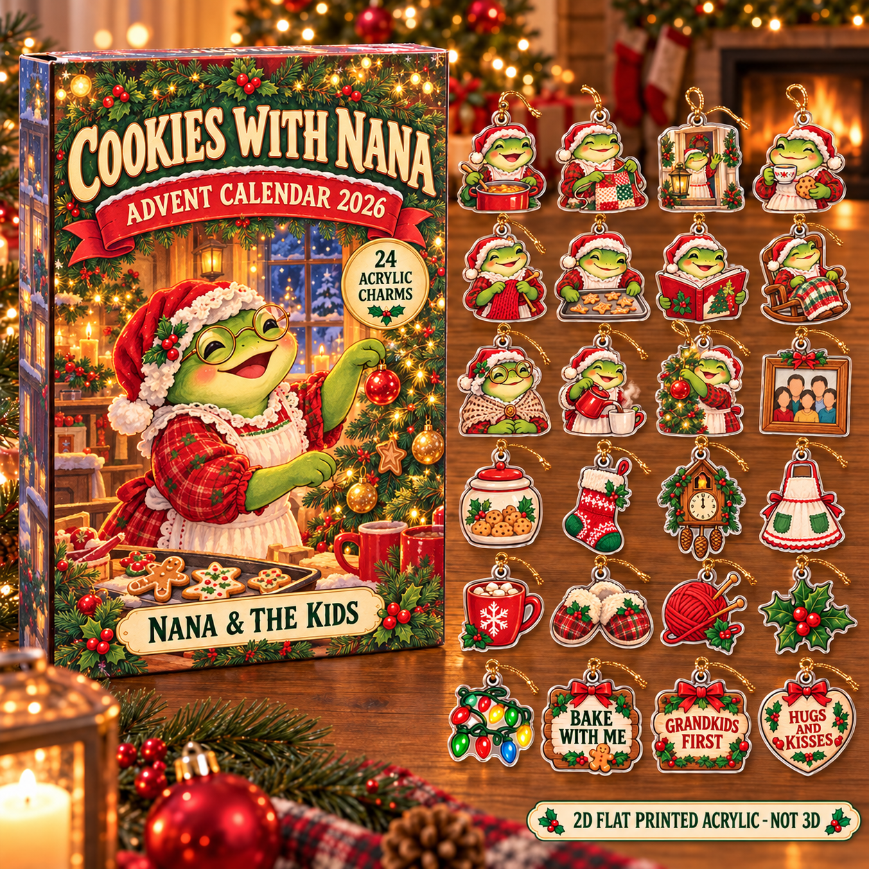 Personalized Grandma Frog advent calendar box with 24 flat acrylic Christmas charms