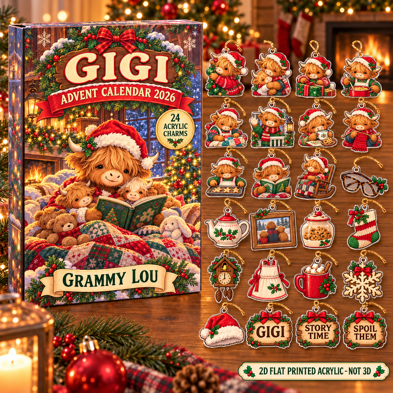 Personalized Grandma Highland Cow advent calendar box with 24 flat acrylic Christmas charms