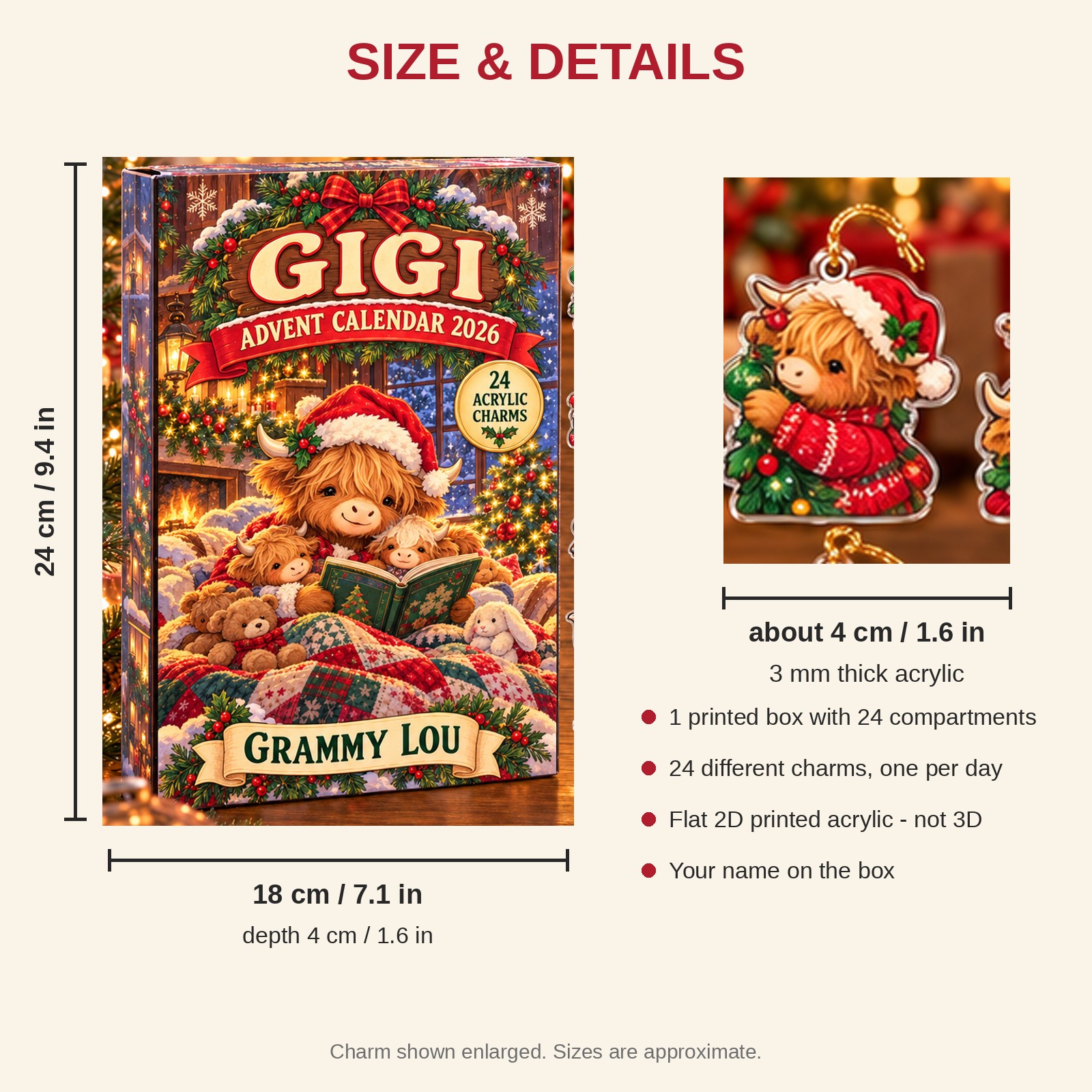 Personalized Grandma Highland Cow advent calendar box with 24 flat acrylic Christmas charms: box and charm sizes