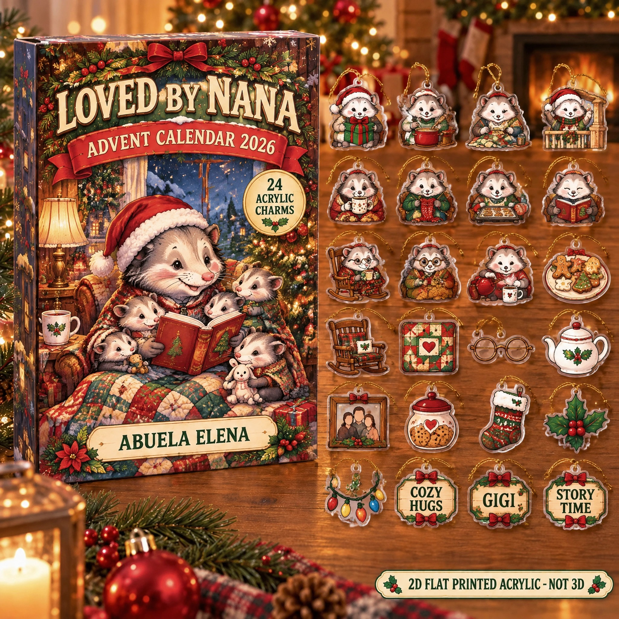 Personalized Grandma Opossum advent calendar box with 24 flat acrylic Christmas charms