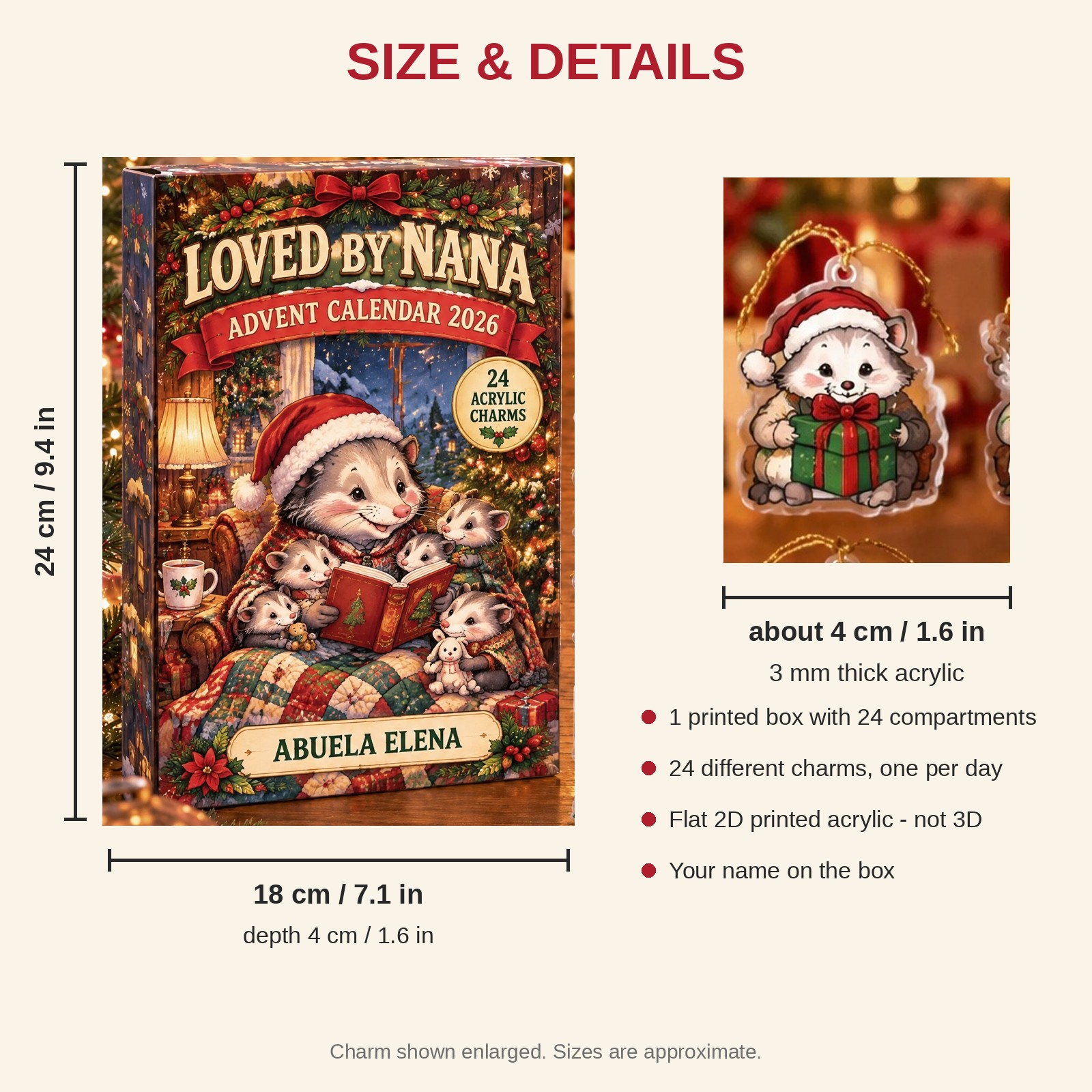 Personalized Grandma Opossum advent calendar box with 24 flat acrylic Christmas charms: box and charm sizes