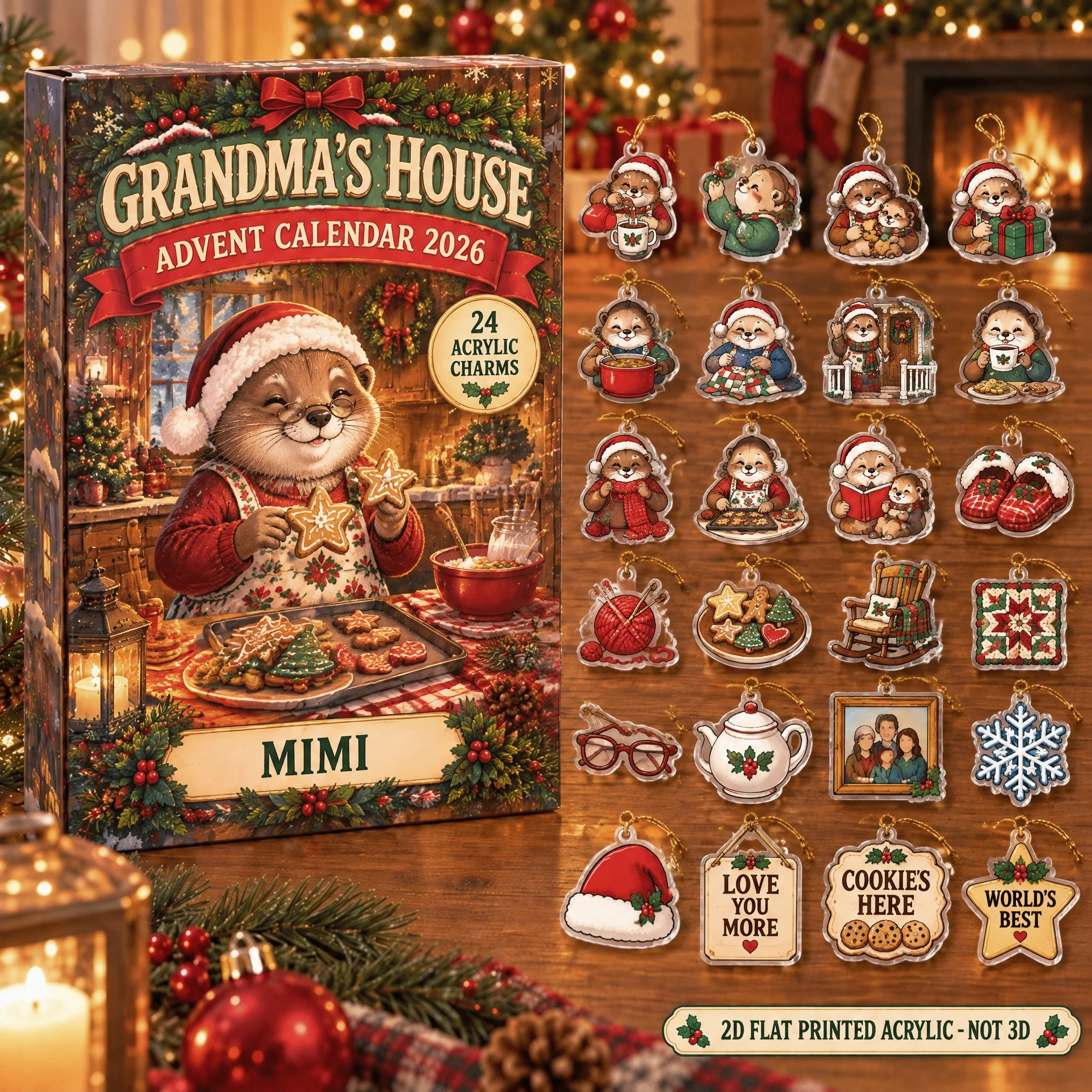 Personalized Grandma Otter advent calendar box with 24 flat acrylic Christmas charms