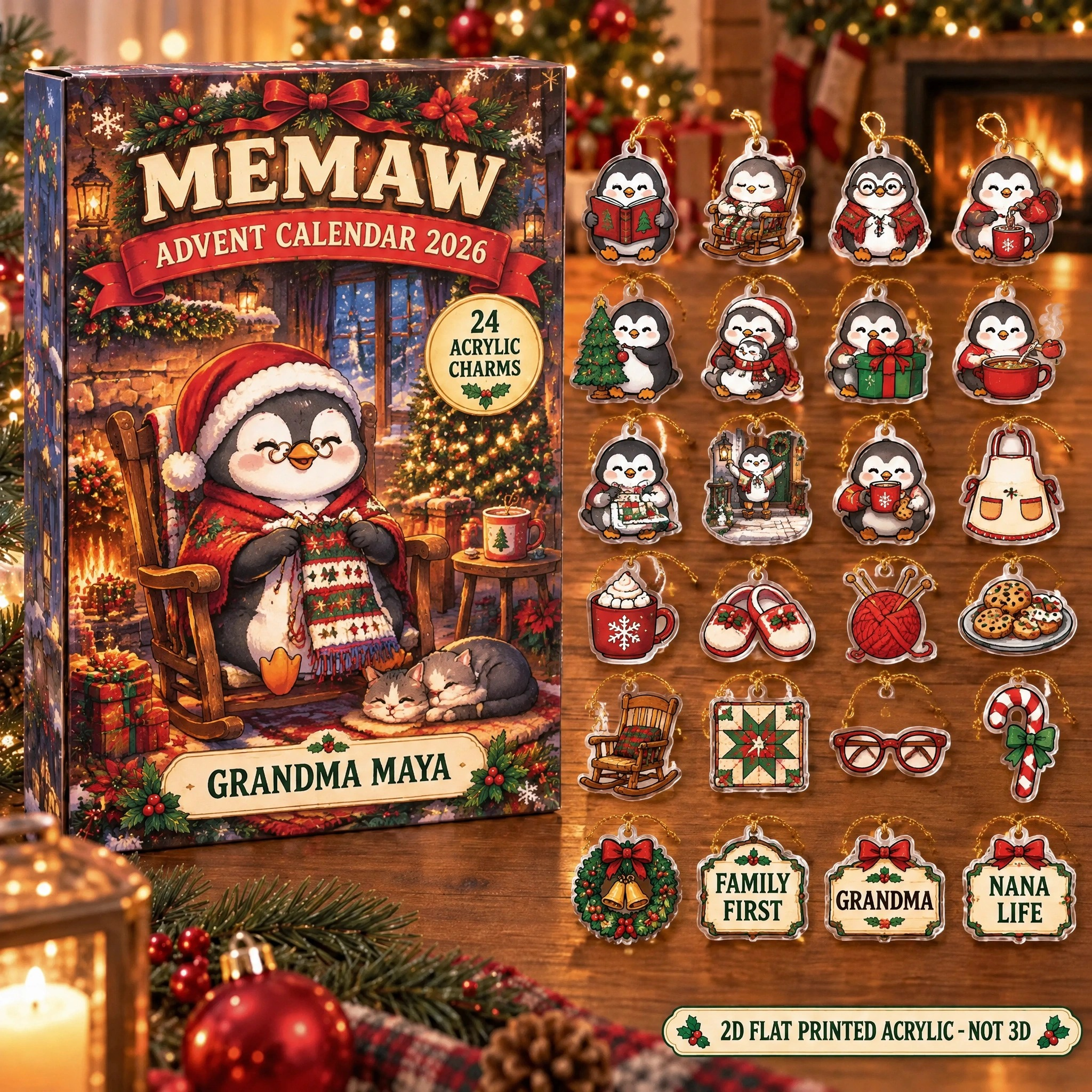 Personalized Grandma Penguin advent calendar box with 24 flat acrylic Christmas charms