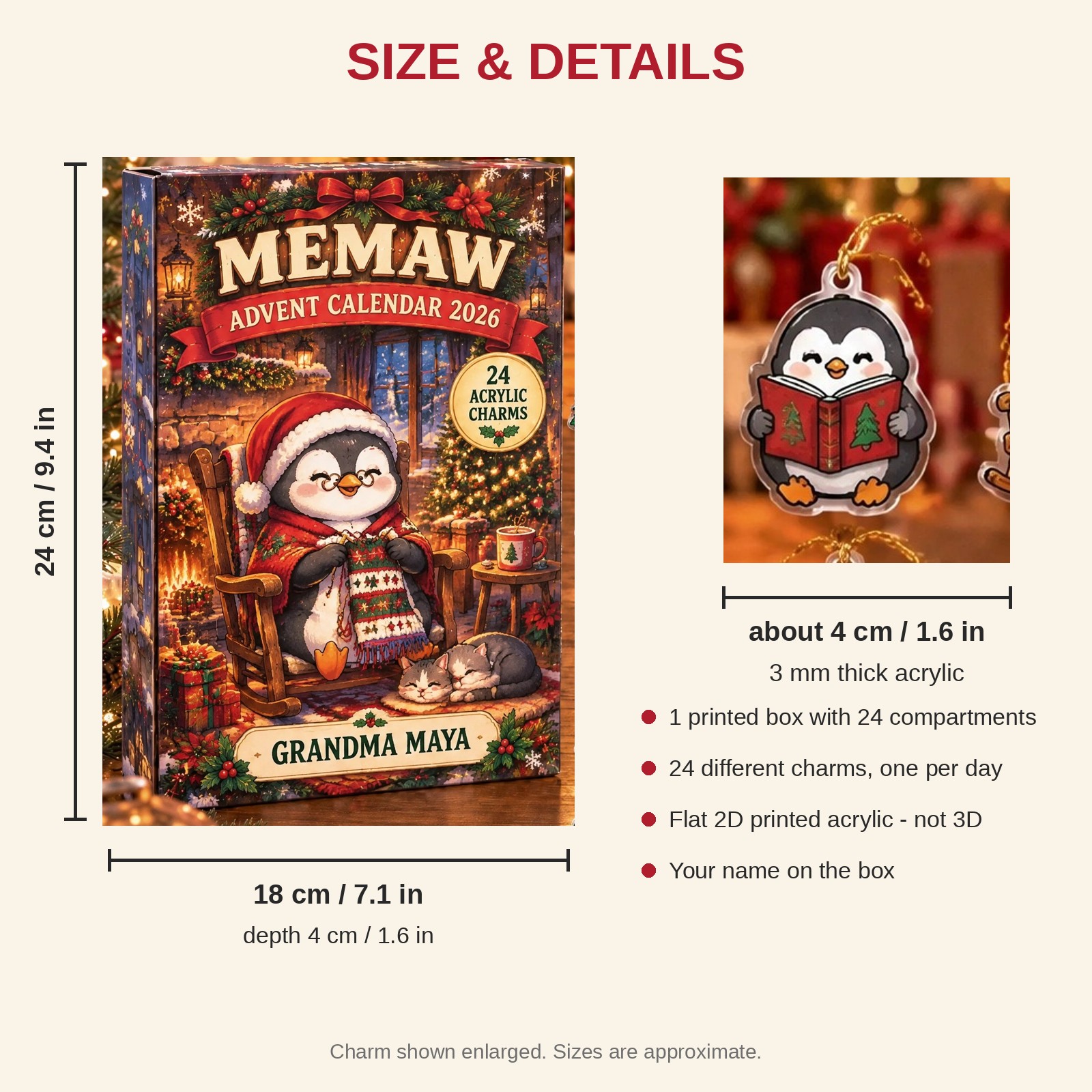 Personalized Grandma Penguin advent calendar box with 24 flat acrylic Christmas charms: box and charm sizes
