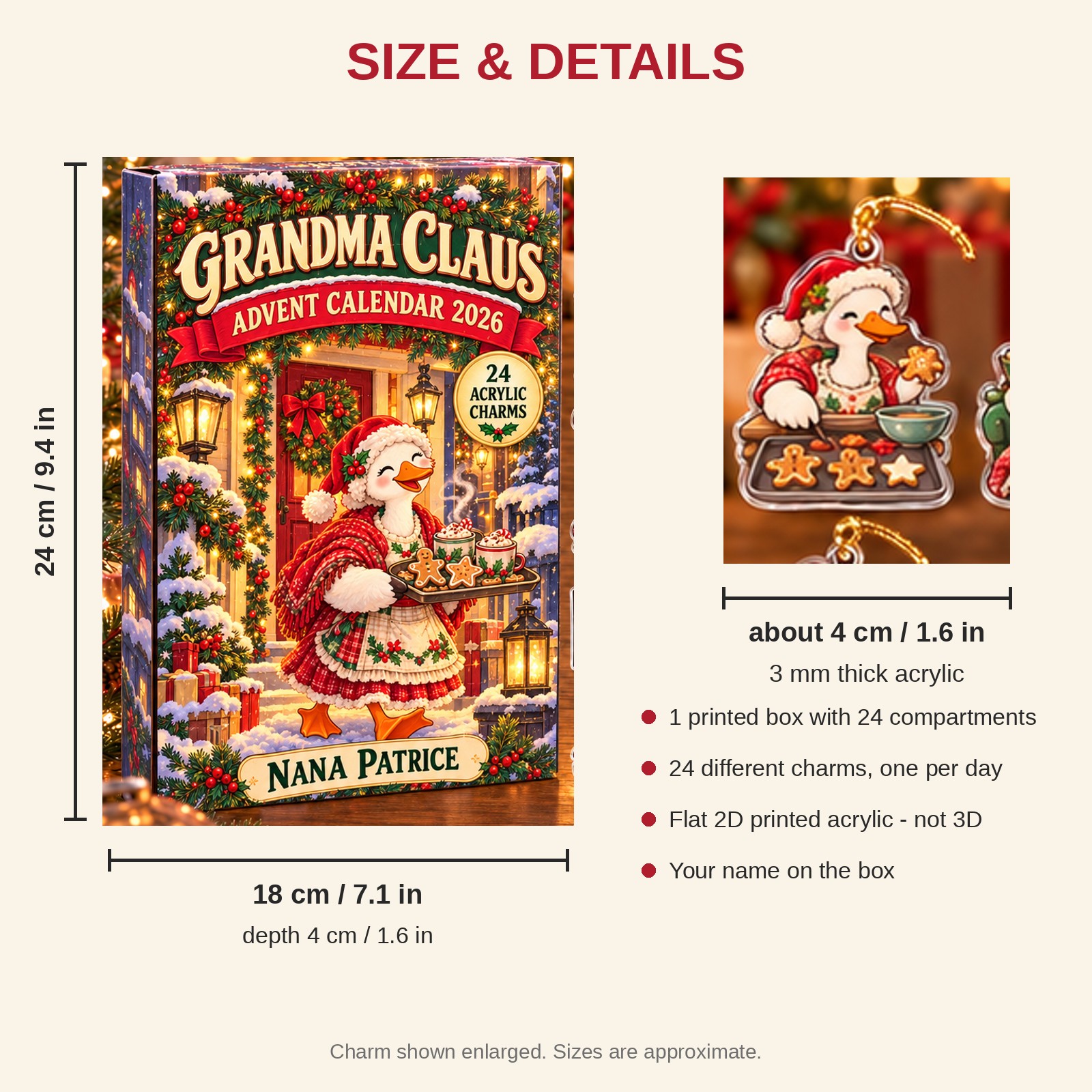 Personalized Grandma Silly Goose advent calendar box with 24 flat acrylic Christmas charms: box and charm sizes