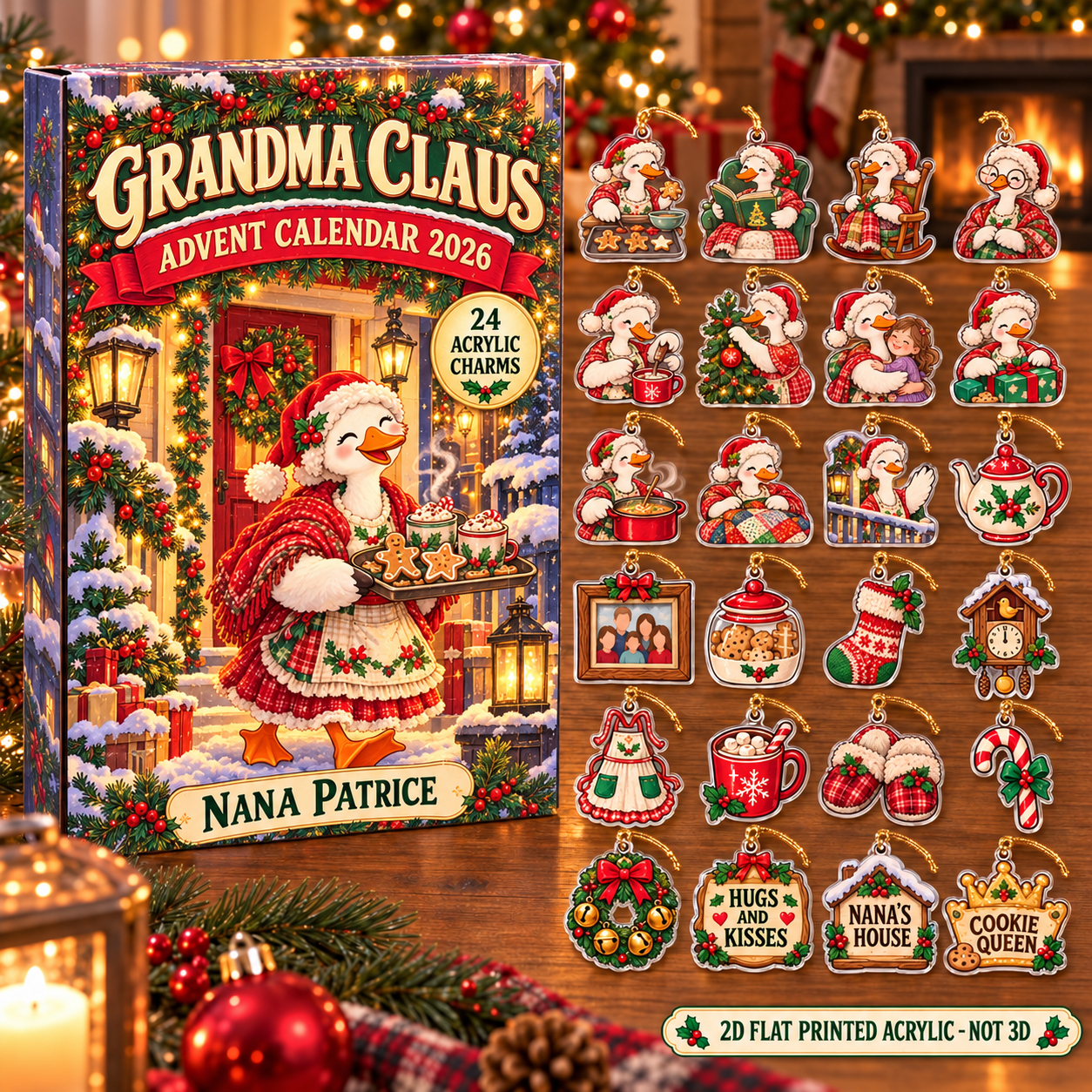 Personalized Grandma Silly Goose advent calendar box with 24 flat acrylic Christmas charms