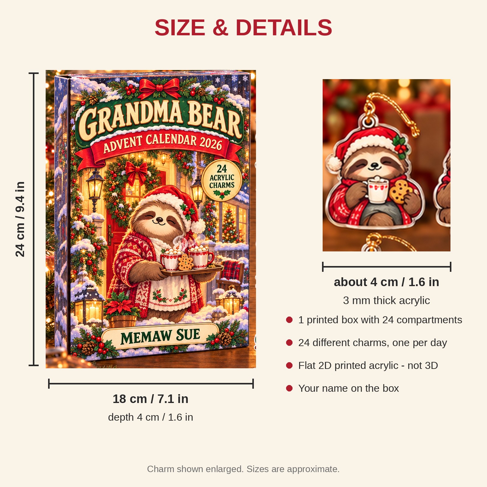 Personalized Grandma Sloth advent calendar box with 24 flat acrylic Christmas charms: box and charm sizes