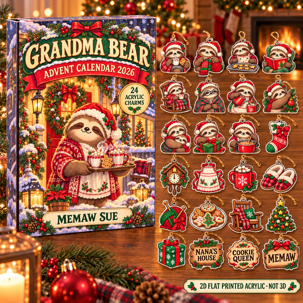 Personalized Grandma Sloth advent calendar box with 24 flat acrylic Christmas charms