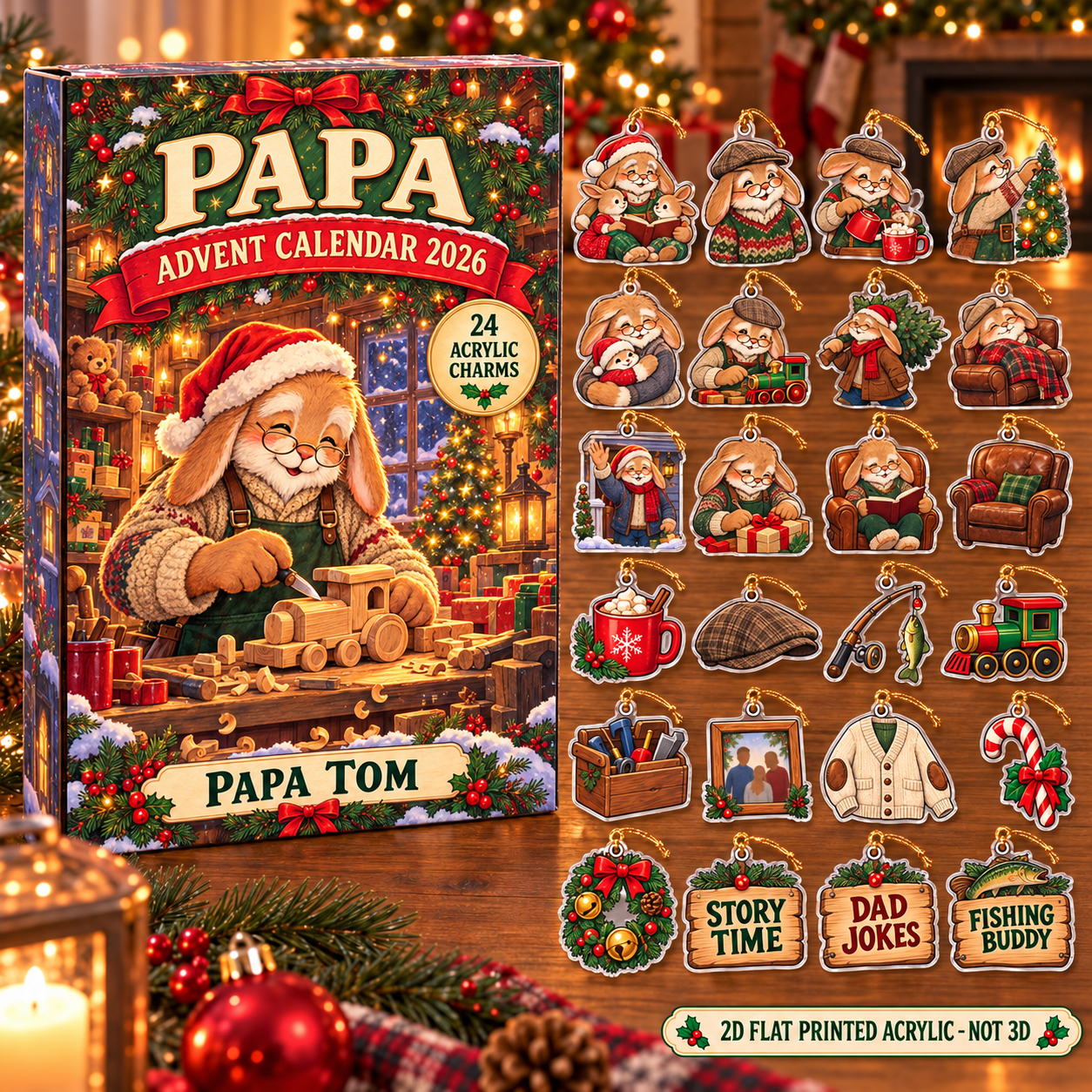 Personalized Grandpa Bunny advent calendar box with 24 flat acrylic Christmas charms