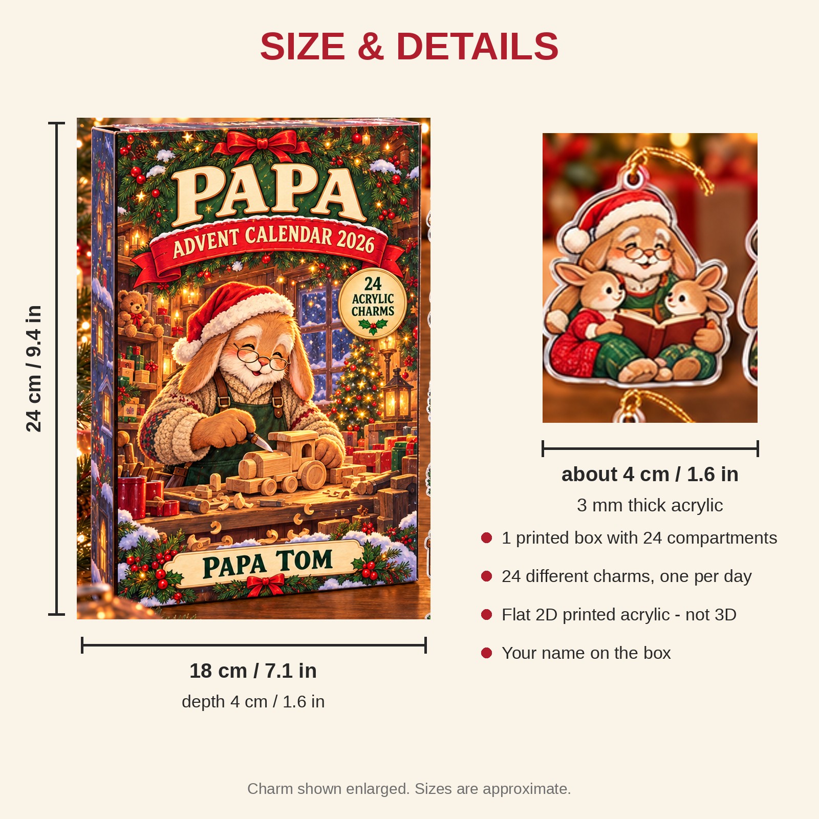 Personalized Grandpa Bunny advent calendar box with 24 flat acrylic Christmas charms: box and charm sizes