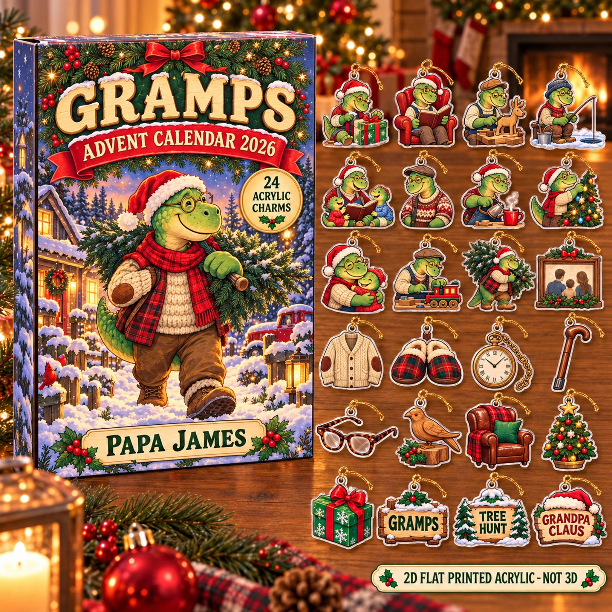 Personalized Grandpa Dinosaur advent calendar box with 24 flat acrylic Christmas charms