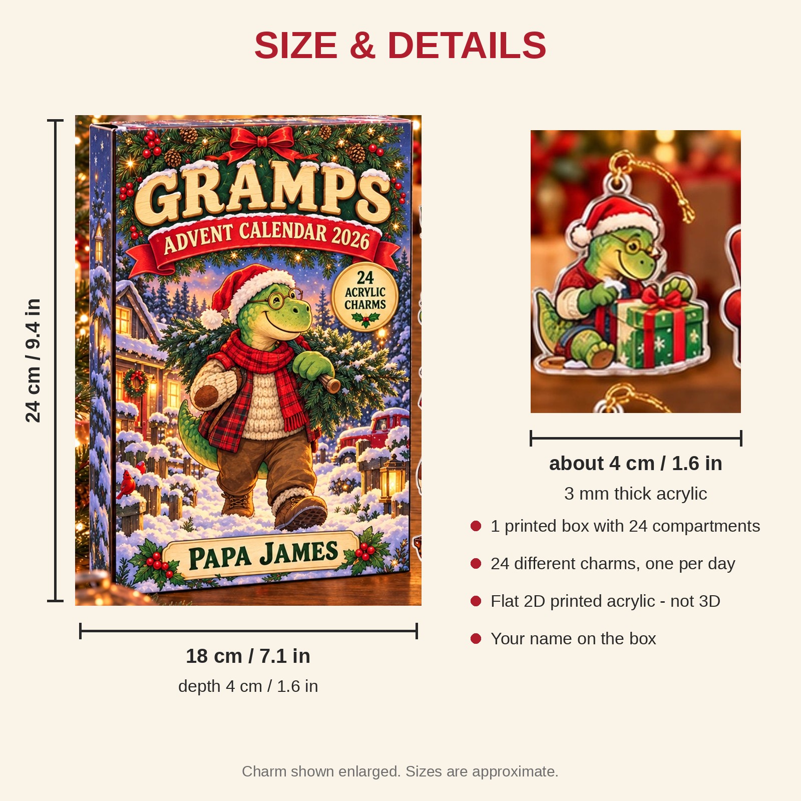 Personalized Grandpa Dinosaur advent calendar box with 24 flat acrylic Christmas charms: box and charm sizes