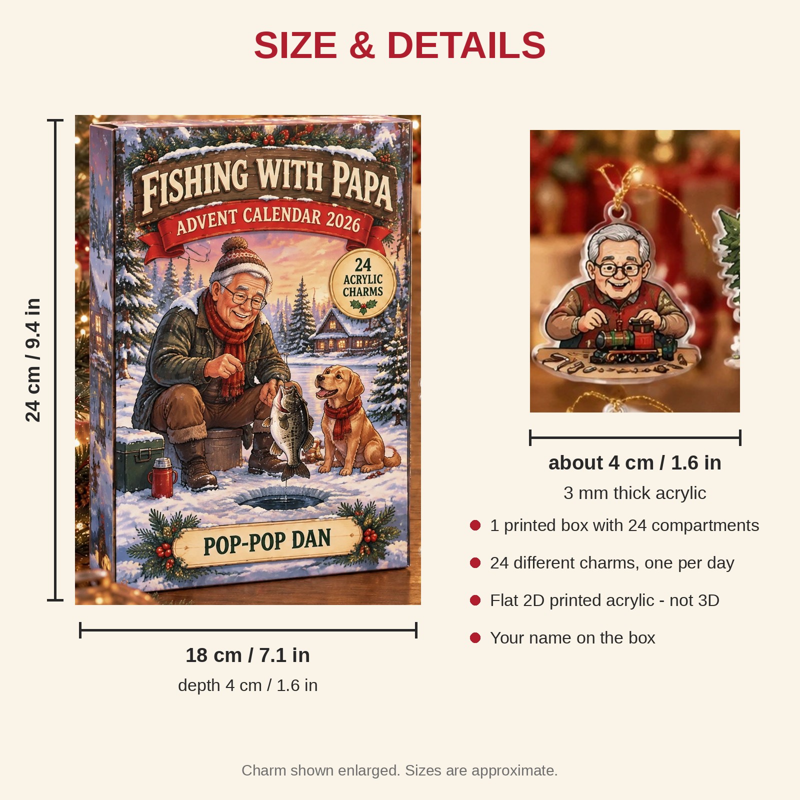 Personalized Grandpa Essentials advent calendar box with 24 flat acrylic Christmas charms: box and charm sizes