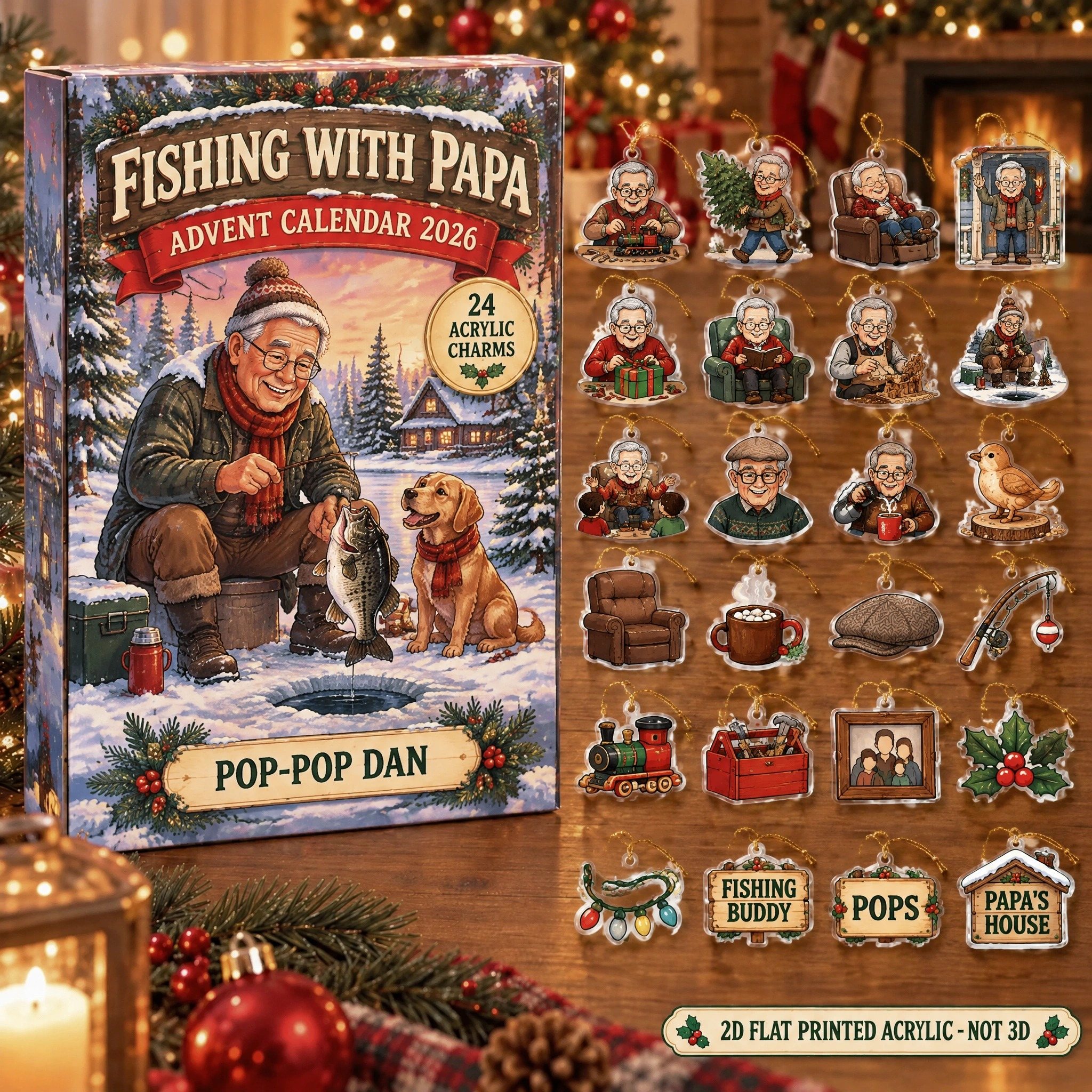 Personalized Grandpa Essentials advent calendar box with 24 flat acrylic Christmas charms
