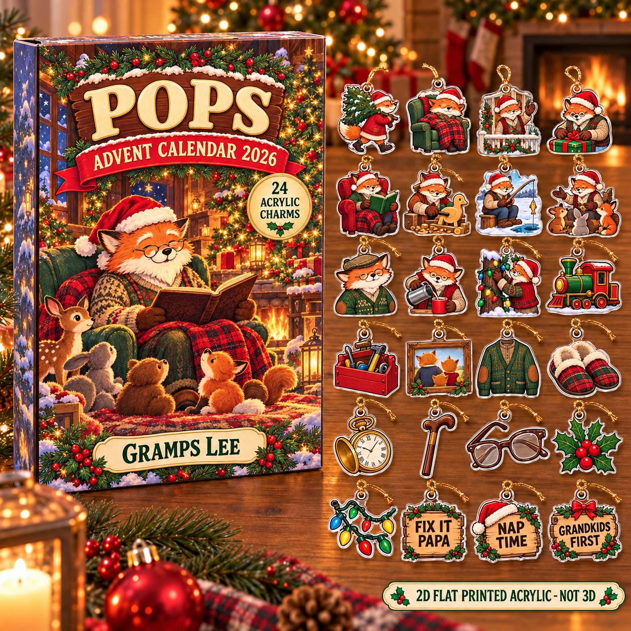 Personalized Grandpa Fox advent calendar box with 24 flat acrylic Christmas charms