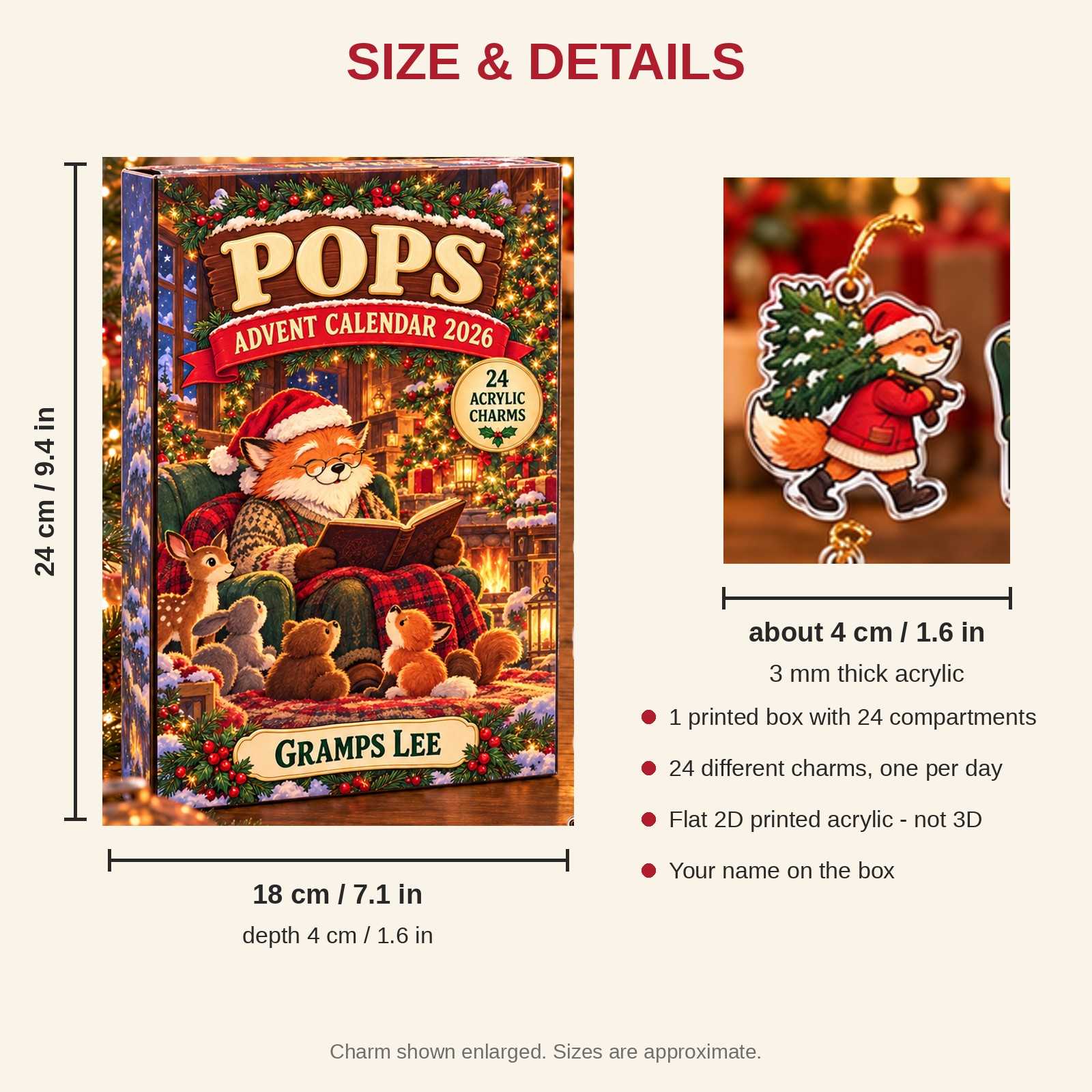Personalized Grandpa Fox advent calendar box with 24 flat acrylic Christmas charms: box and charm sizes