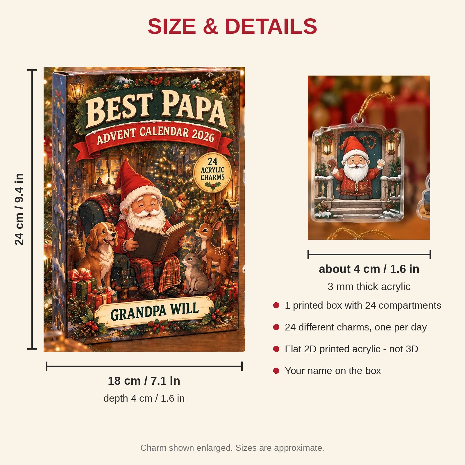 Personalized Grandpa Gnome advent calendar box with 24 flat acrylic Christmas charms: box and charm sizes
