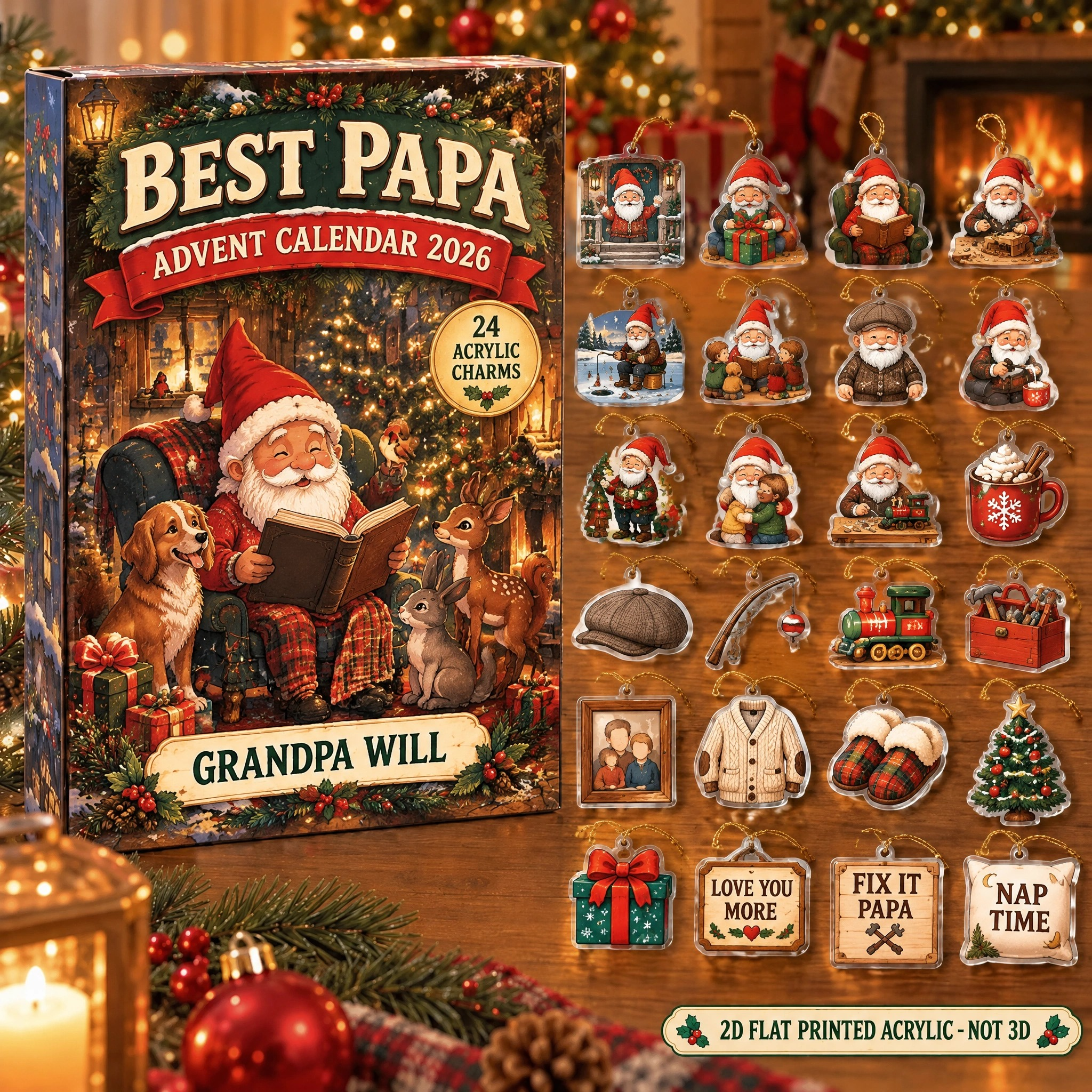 Personalized Grandpa Gnome advent calendar box with 24 flat acrylic Christmas charms