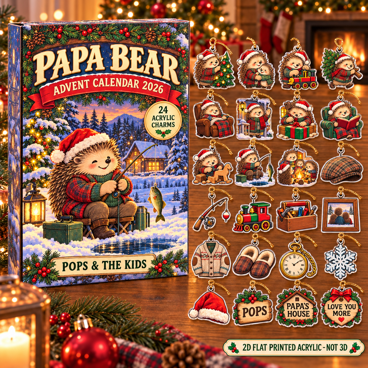 Personalized Grandpa Hedgehog advent calendar box with 24 flat acrylic Christmas charms