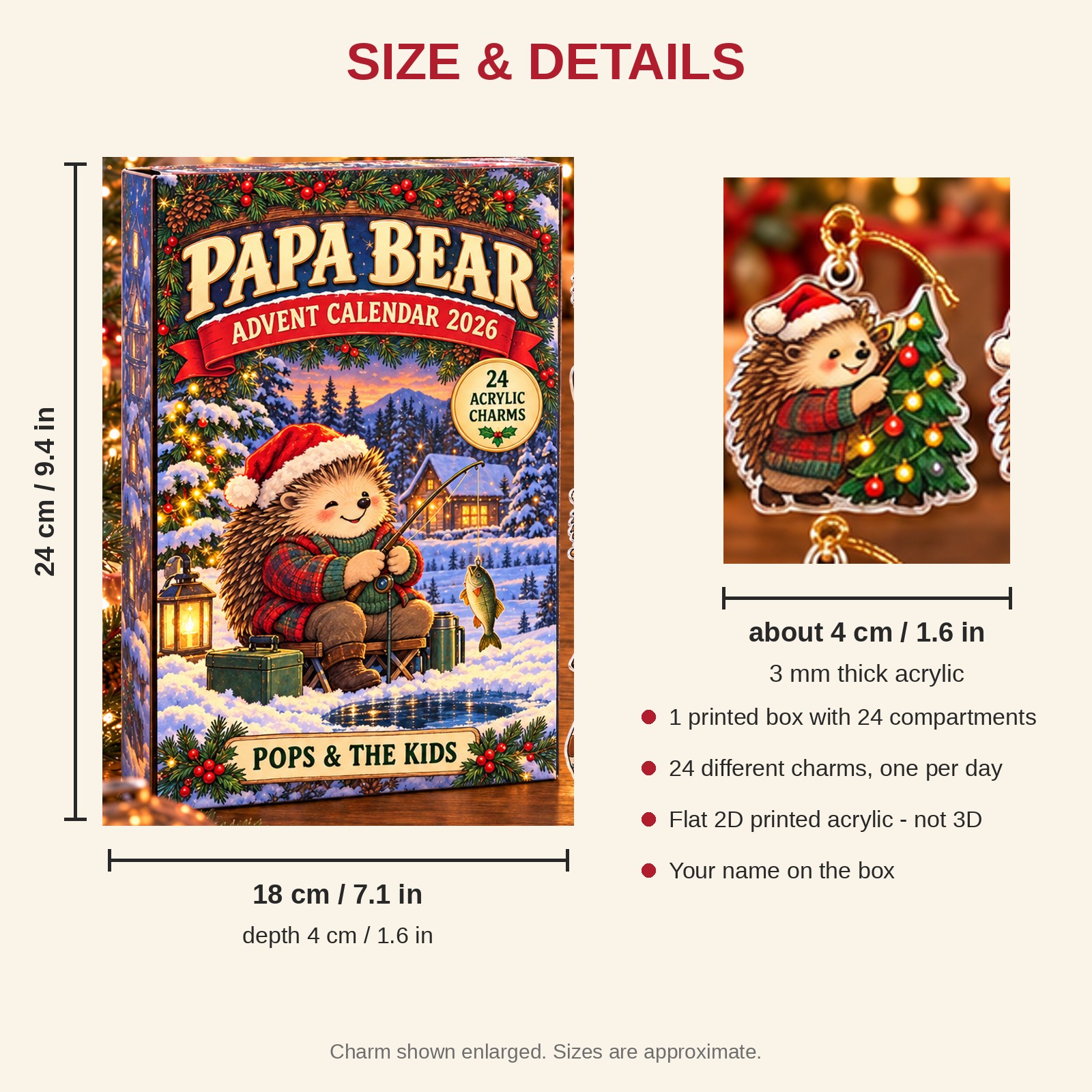 Personalized Grandpa Hedgehog advent calendar box with 24 flat acrylic Christmas charms: box and charm sizes