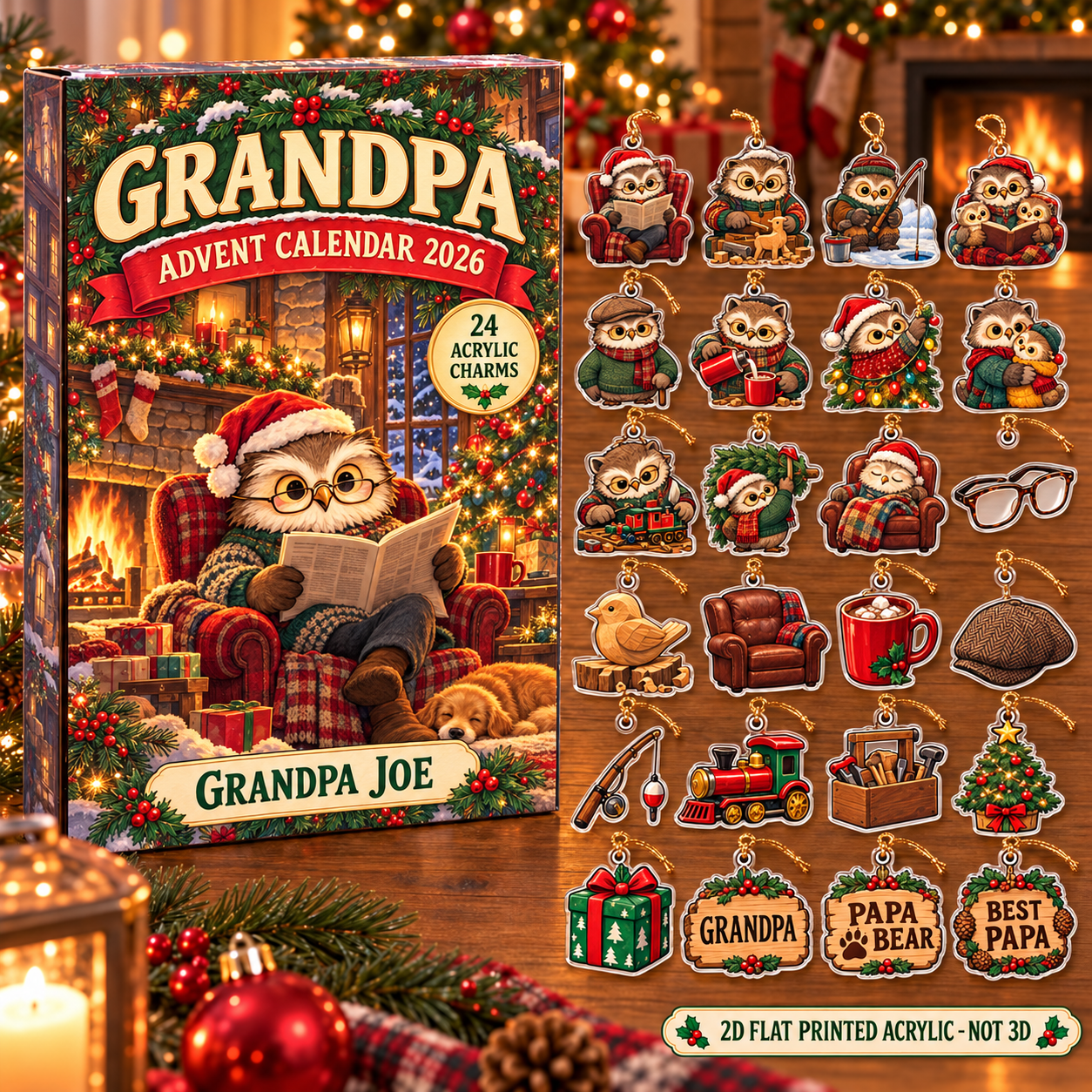 Personalized Grandpa Owl advent calendar box with 24 flat acrylic Christmas charms
