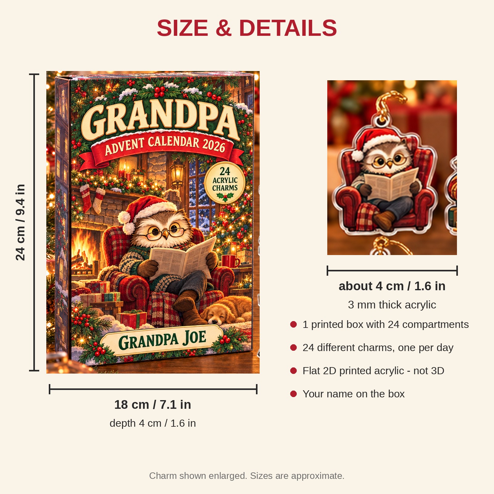Personalized Grandpa Owl advent calendar box with 24 flat acrylic Christmas charms: box and charm sizes