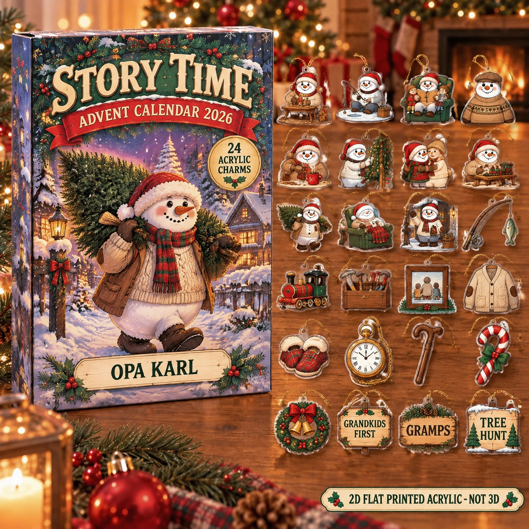 Personalized Grandpa Snowman advent calendar box with 24 flat acrylic Christmas charms