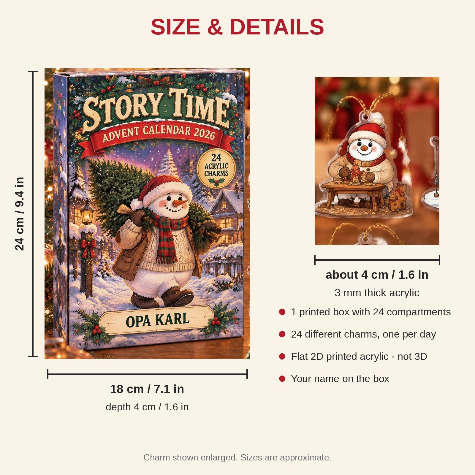 Personalized Grandpa Snowman advent calendar box with 24 flat acrylic Christmas charms: box and charm sizes