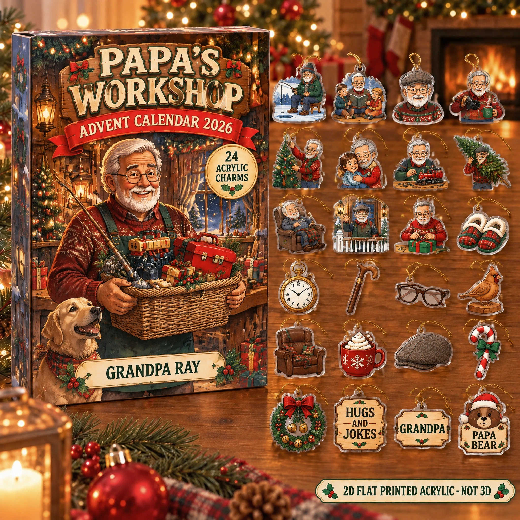 Personalized Grandpa Survival Kit advent calendar box with 24 flat acrylic Christmas charms