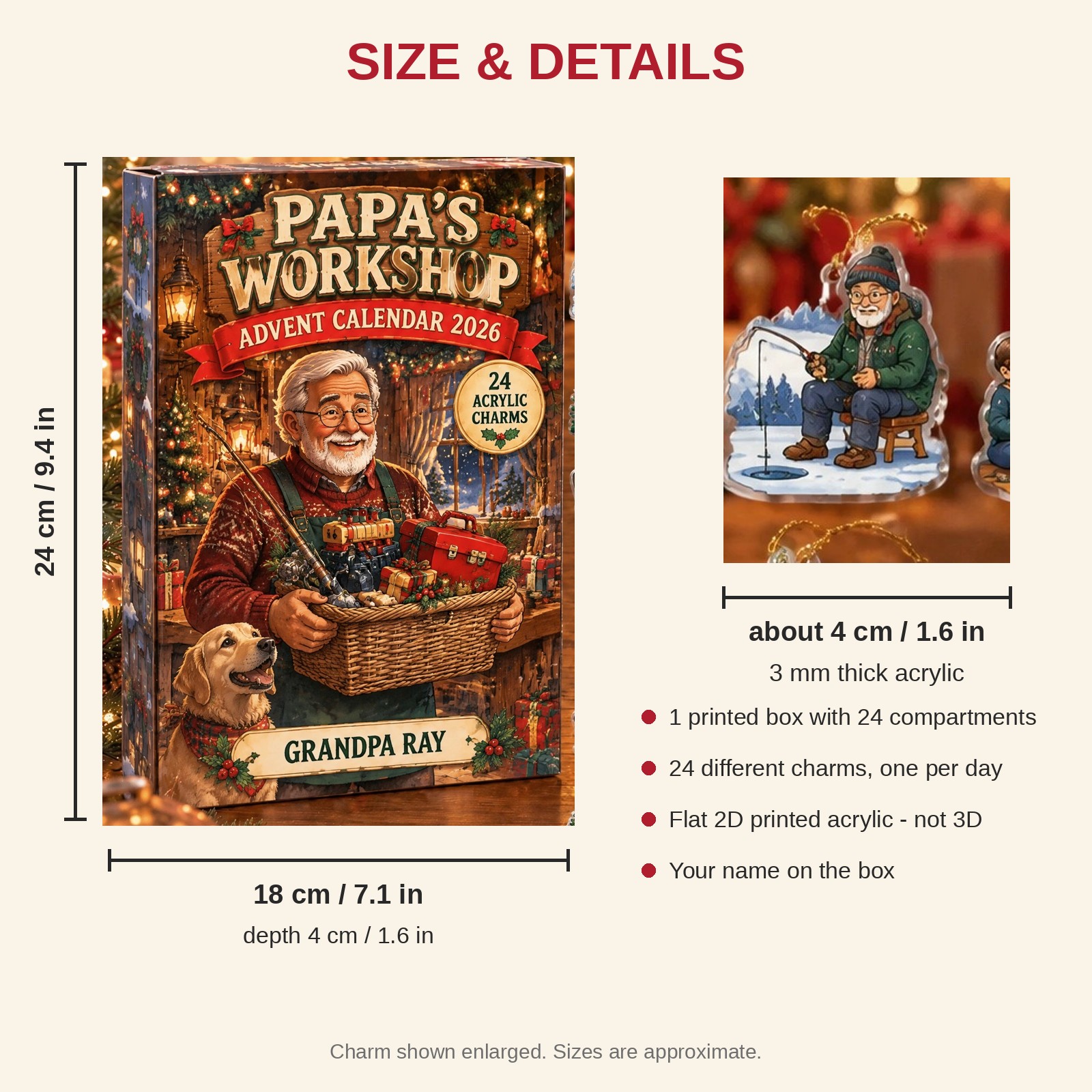 Personalized Grandpa Survival Kit advent calendar box with 24 flat acrylic Christmas charms: box and charm sizes