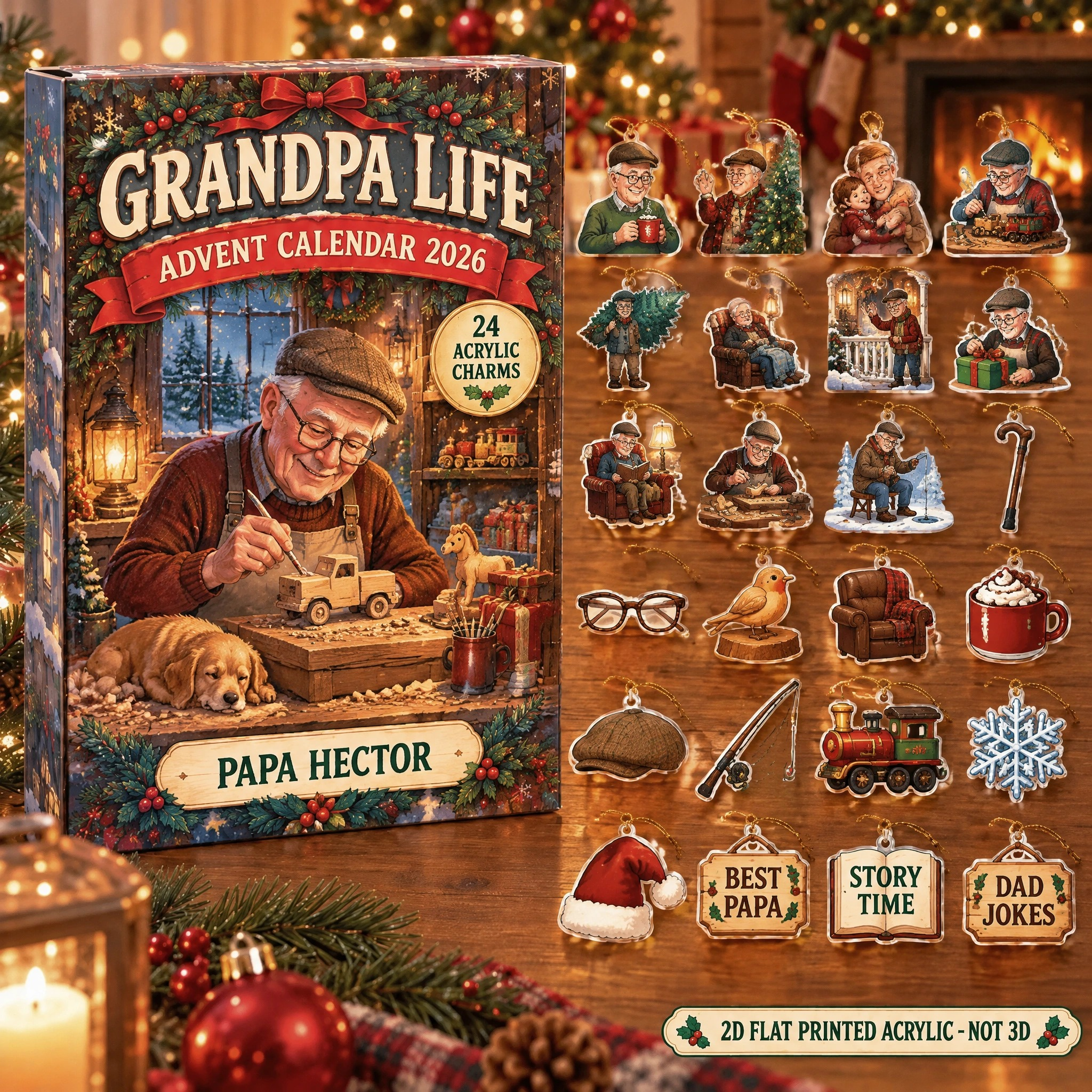 Personalized Grandpa Vintage Retro advent calendar box with 24 flat acrylic Christmas charms