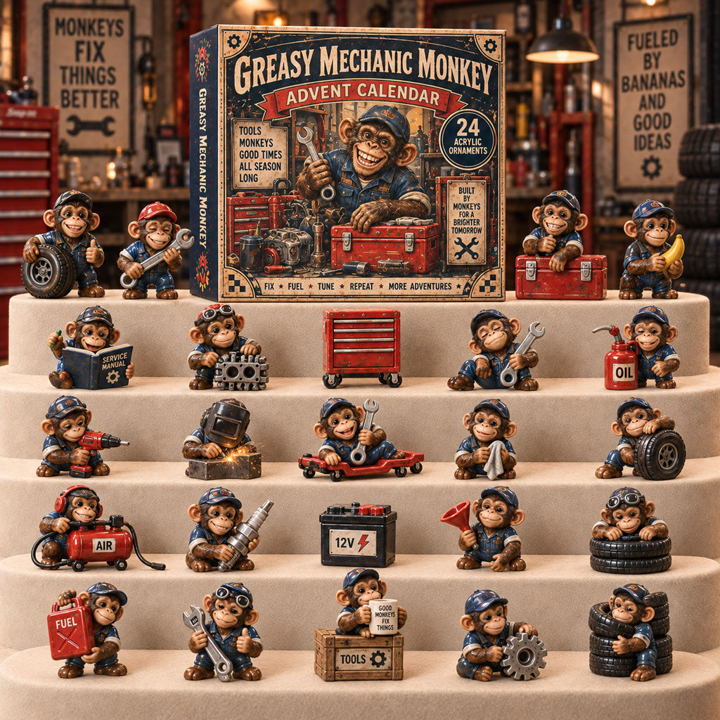 Greasy Mechanic Monkey advent calendar box with 24 acrylic Christmas charms
