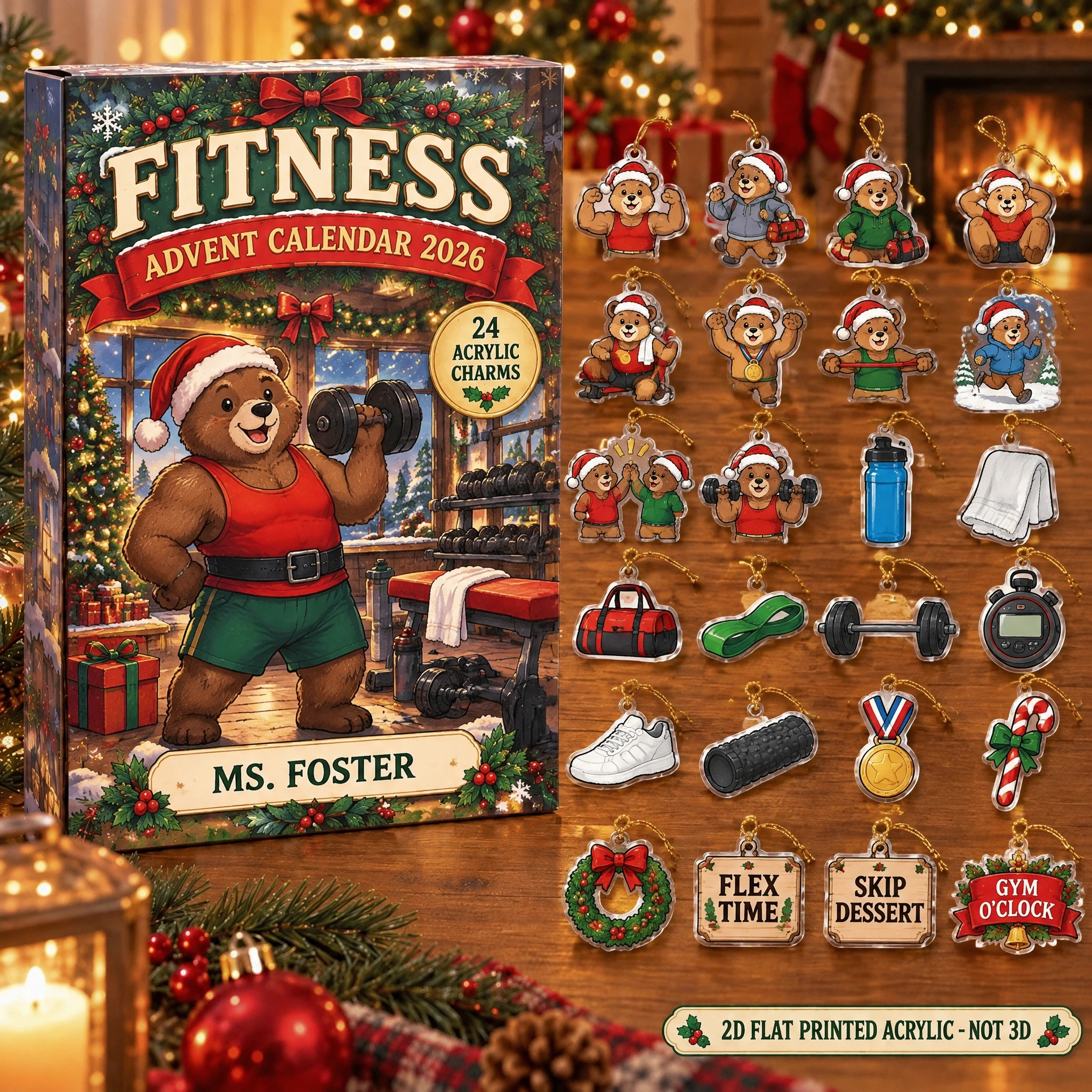 Personalized Gym Lover Bear advent calendar box with 24 flat acrylic Christmas charms