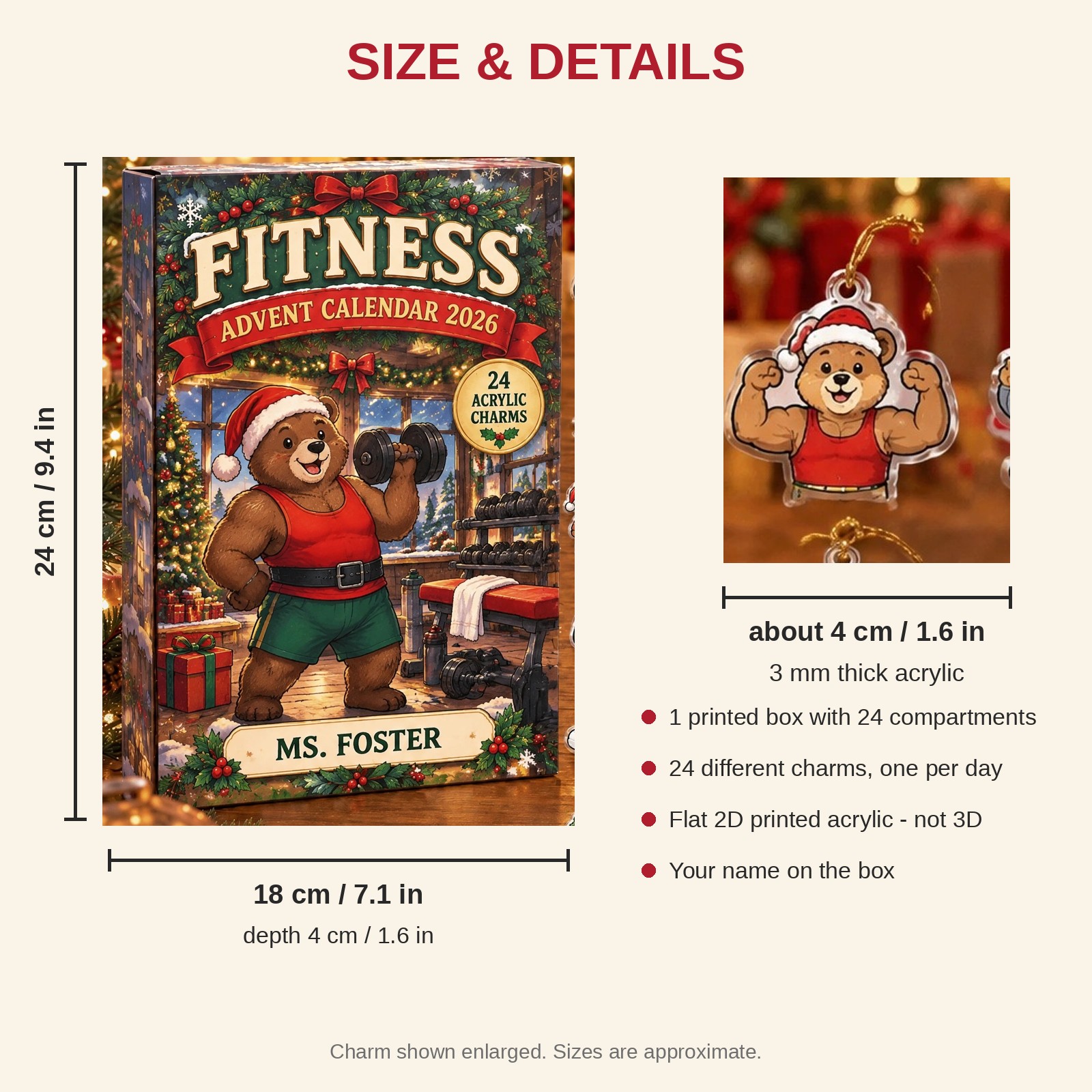 Personalized Gym Lover Bear advent calendar box with 24 flat acrylic Christmas charms: box and charm sizes