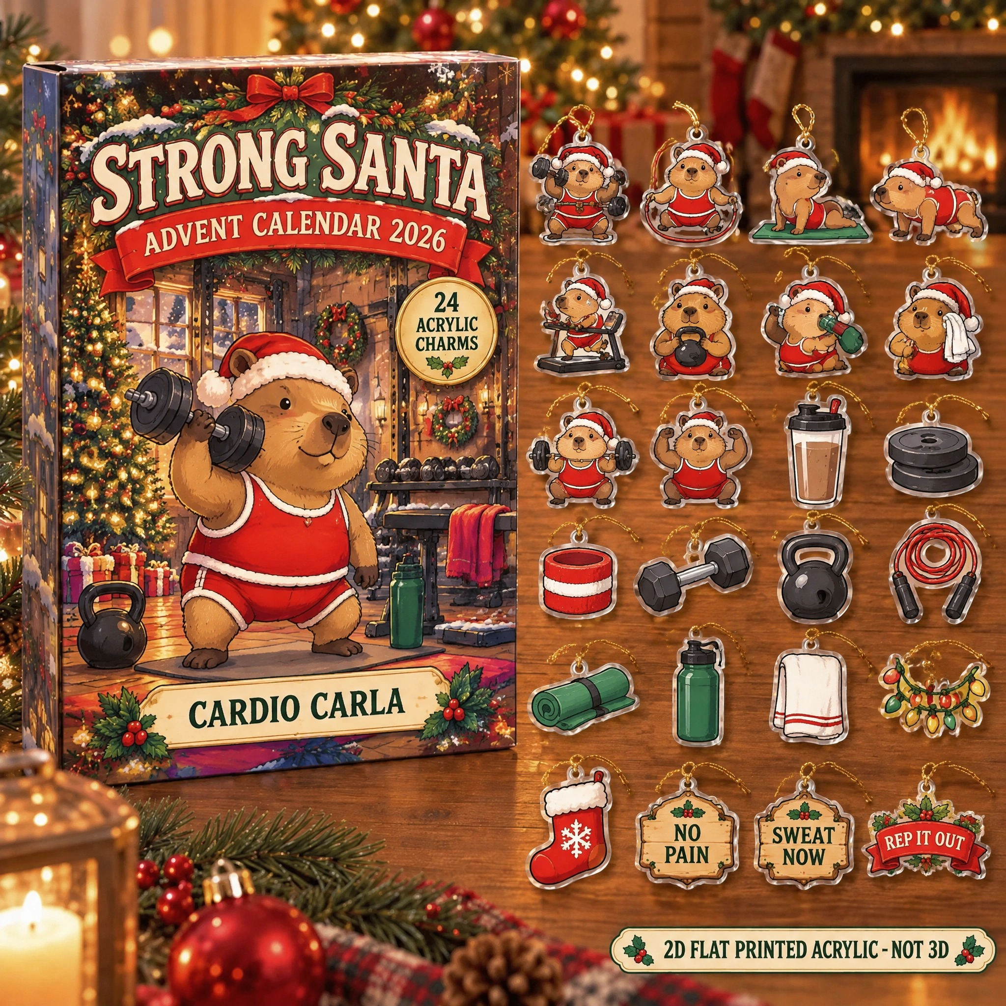 Personalized Gym Lover Capybara advent calendar box with 24 flat acrylic Christmas charms