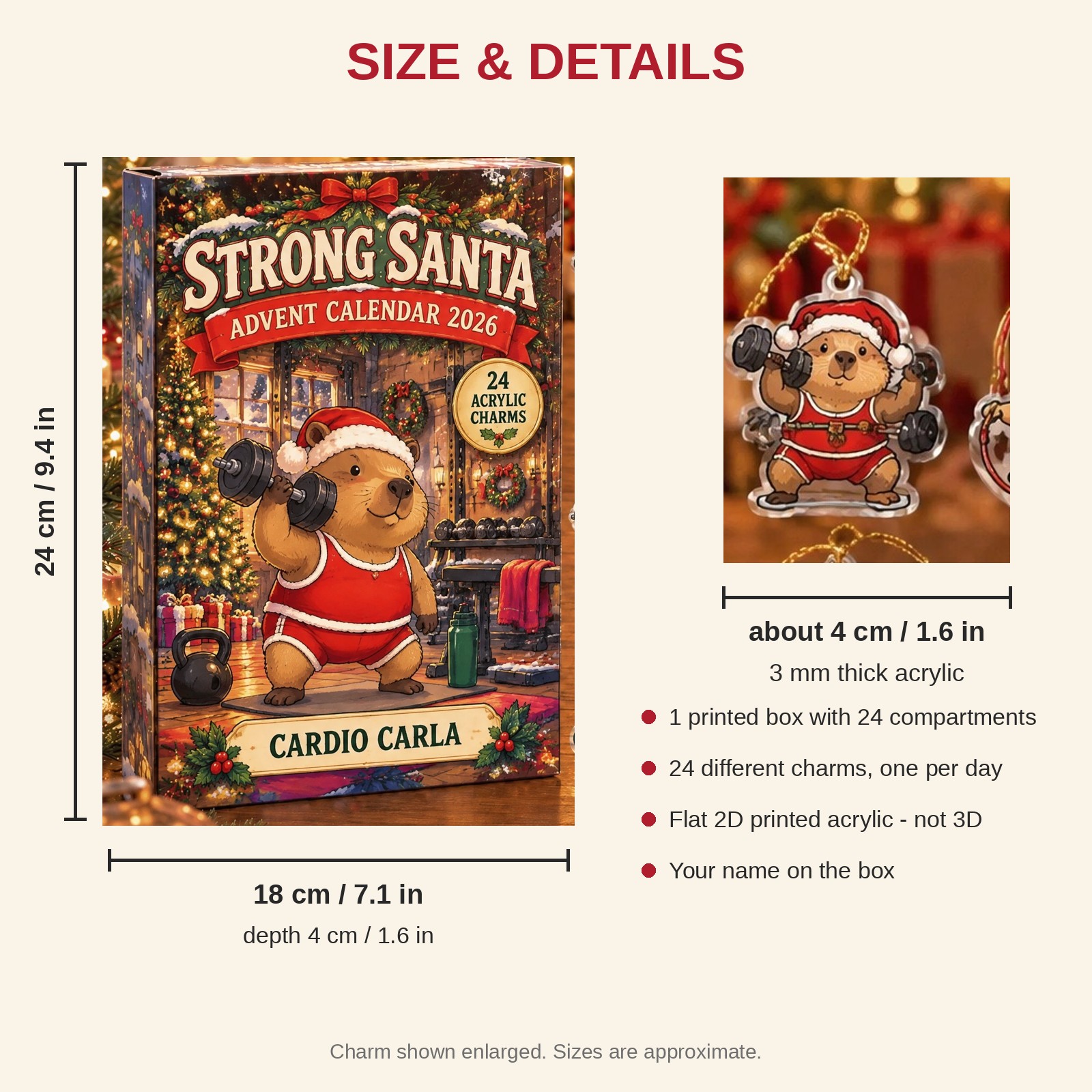 Personalized Gym Lover Capybara advent calendar box with 24 flat acrylic Christmas charms: box and charm sizes